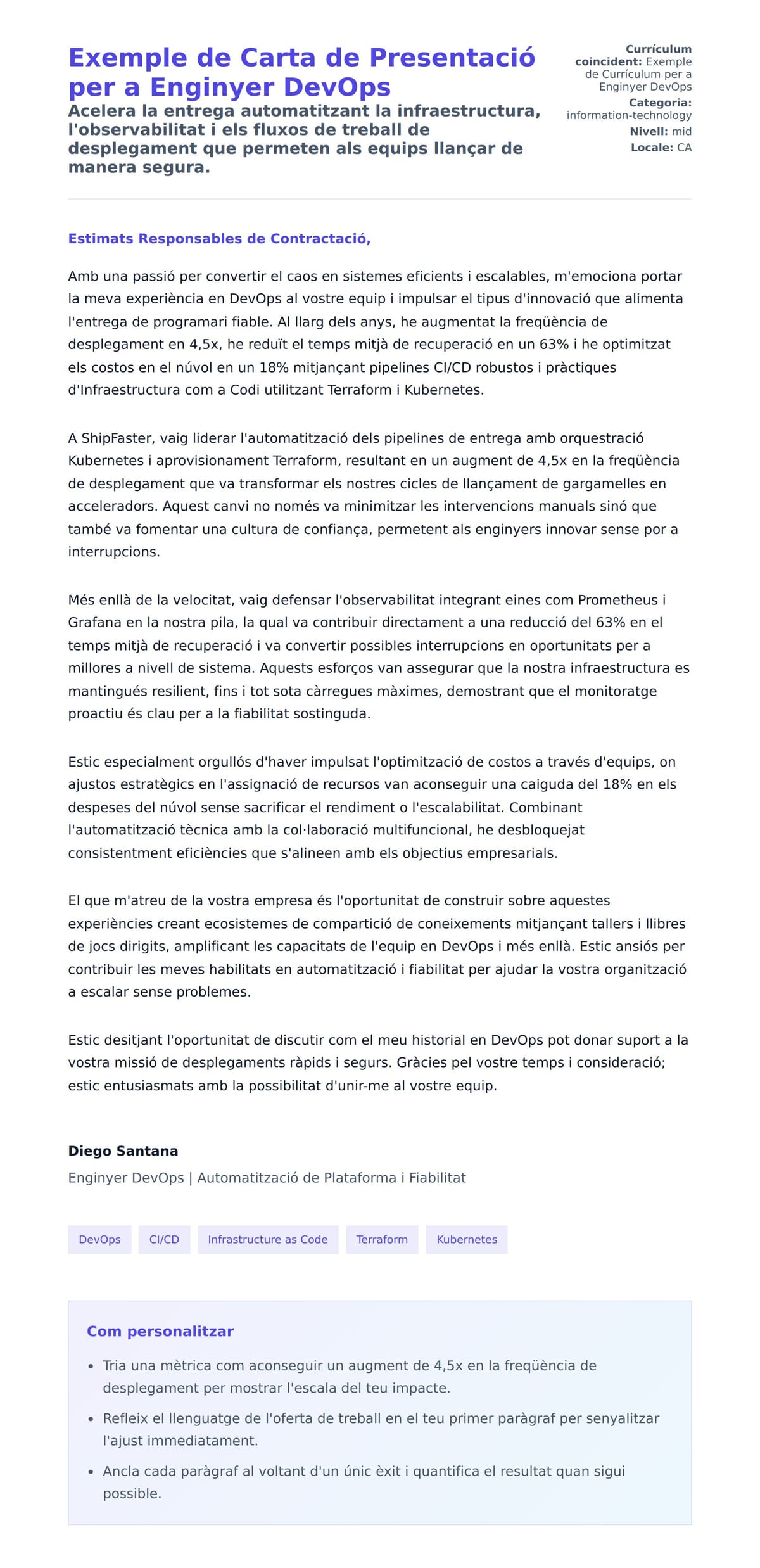 Previsualització de la carta de presentació per a Exemple de Carta de Presentació per a Enginyer DevOps