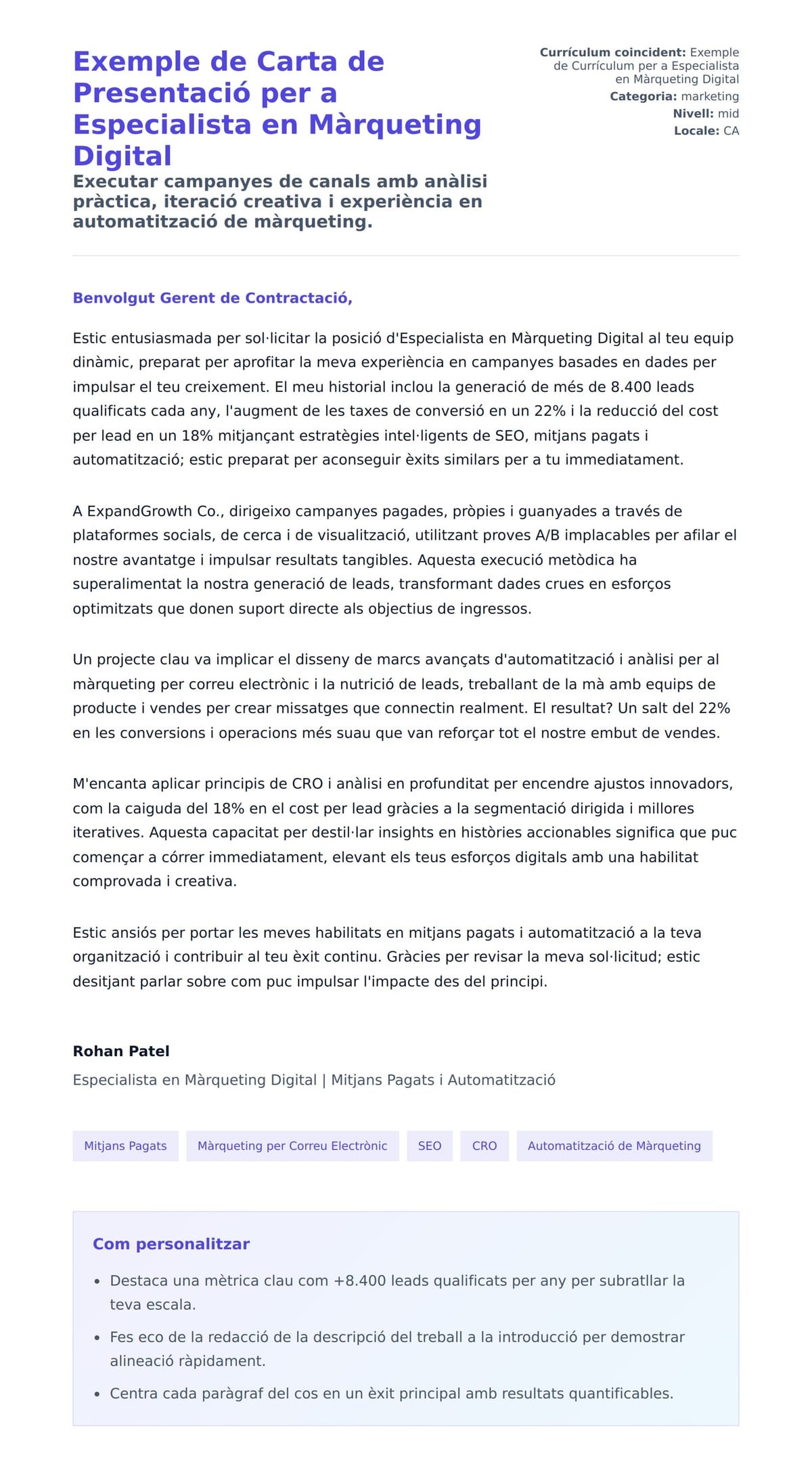 Previsualització de la carta de presentació per a Exemple de Carta de Presentació per a Especialista en Màrqueting Digital