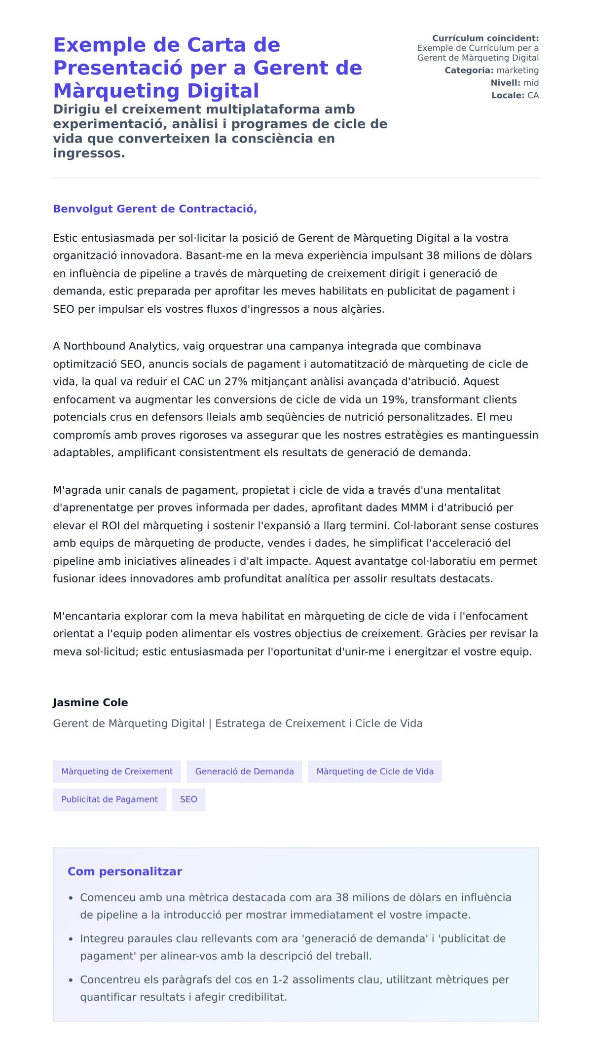 Previsualització de la carta de presentació per a Exemple de Carta de Presentació per a Gerent de Màrqueting Digital