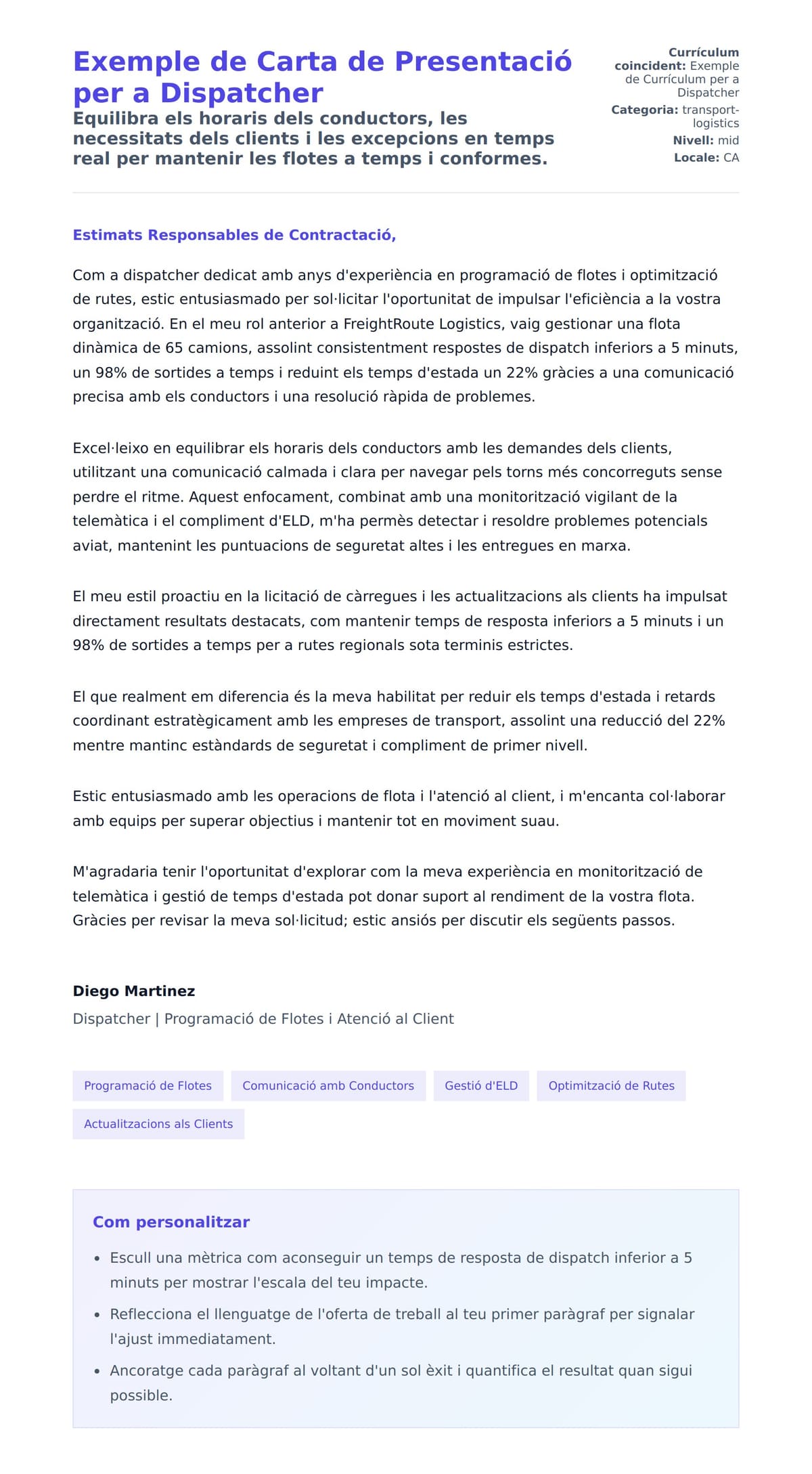 Previsualització de la carta de presentació per a Exemple de Carta de Presentació per a Dispatcher