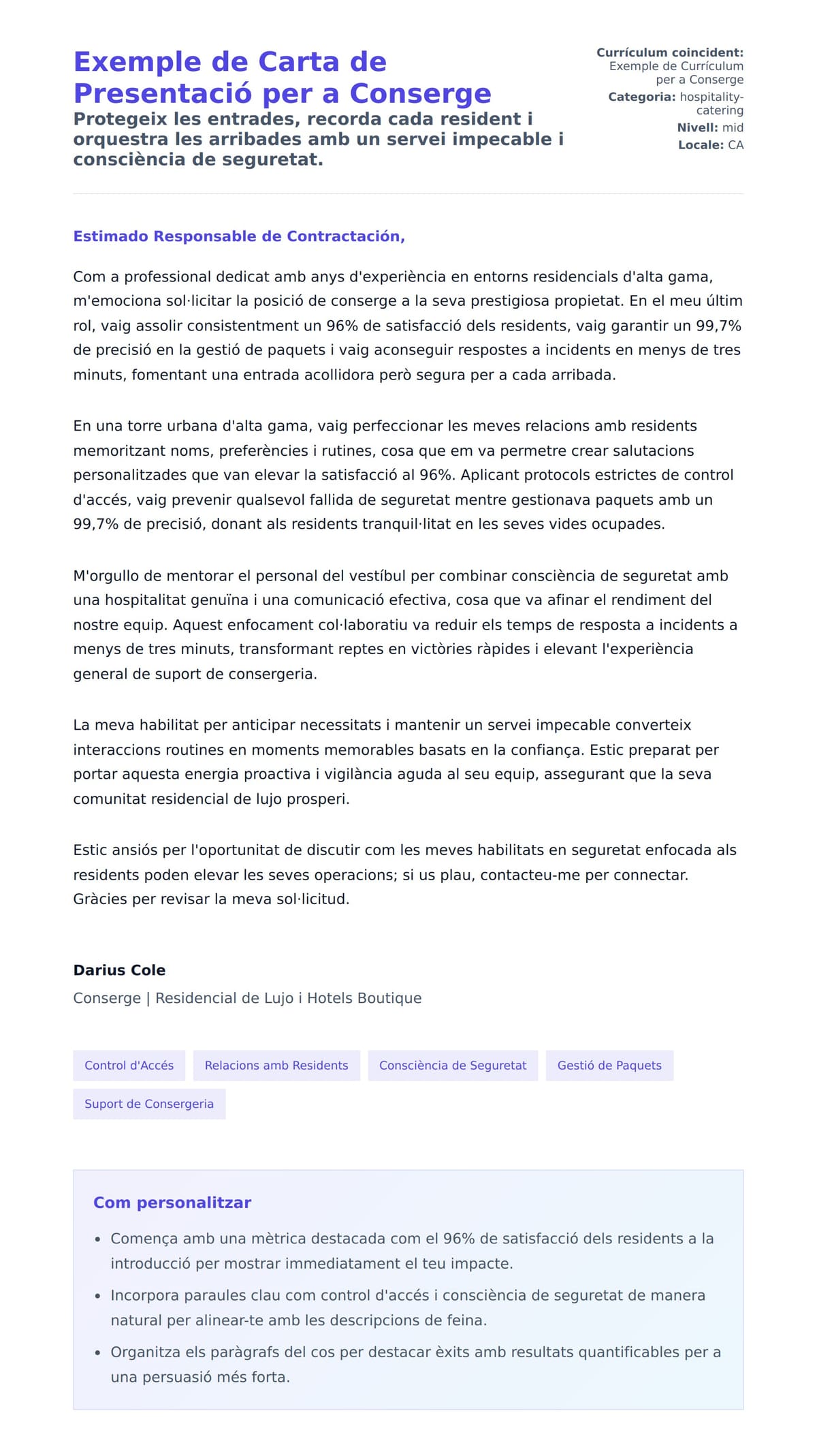 Previsualització de la carta de presentació per a Exemple de Carta de Presentació per a Conserge