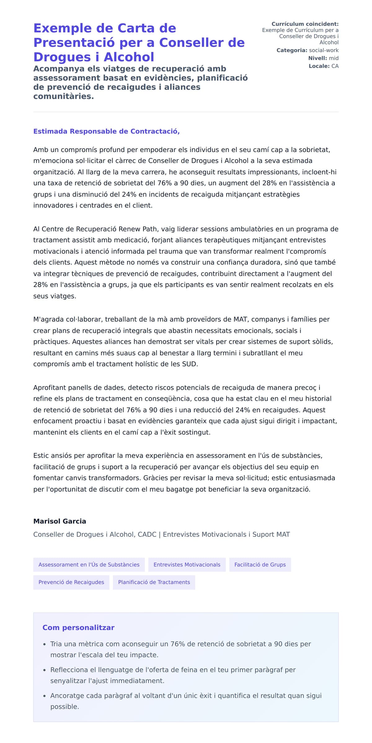 Previsualització de la carta de presentació per a Exemple de Carta de Presentació per a Conseller de Drogues i Alcohol
