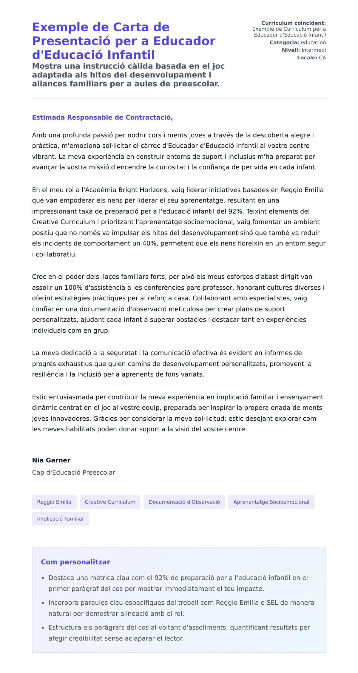 Previsualització de la carta de presentació per a Exemple de Carta de Presentació per a Educador d'Educació Infantil