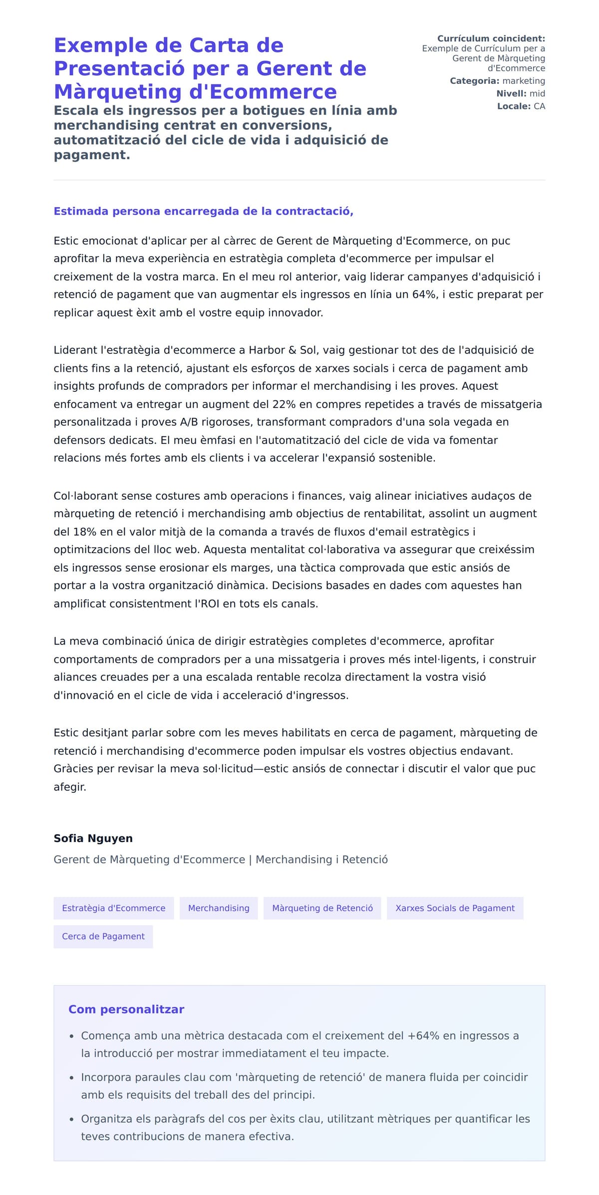 Previsualització de la carta de presentació per a Exemple de Carta de Presentació per a Gerent de Màrqueting d'Ecommerce