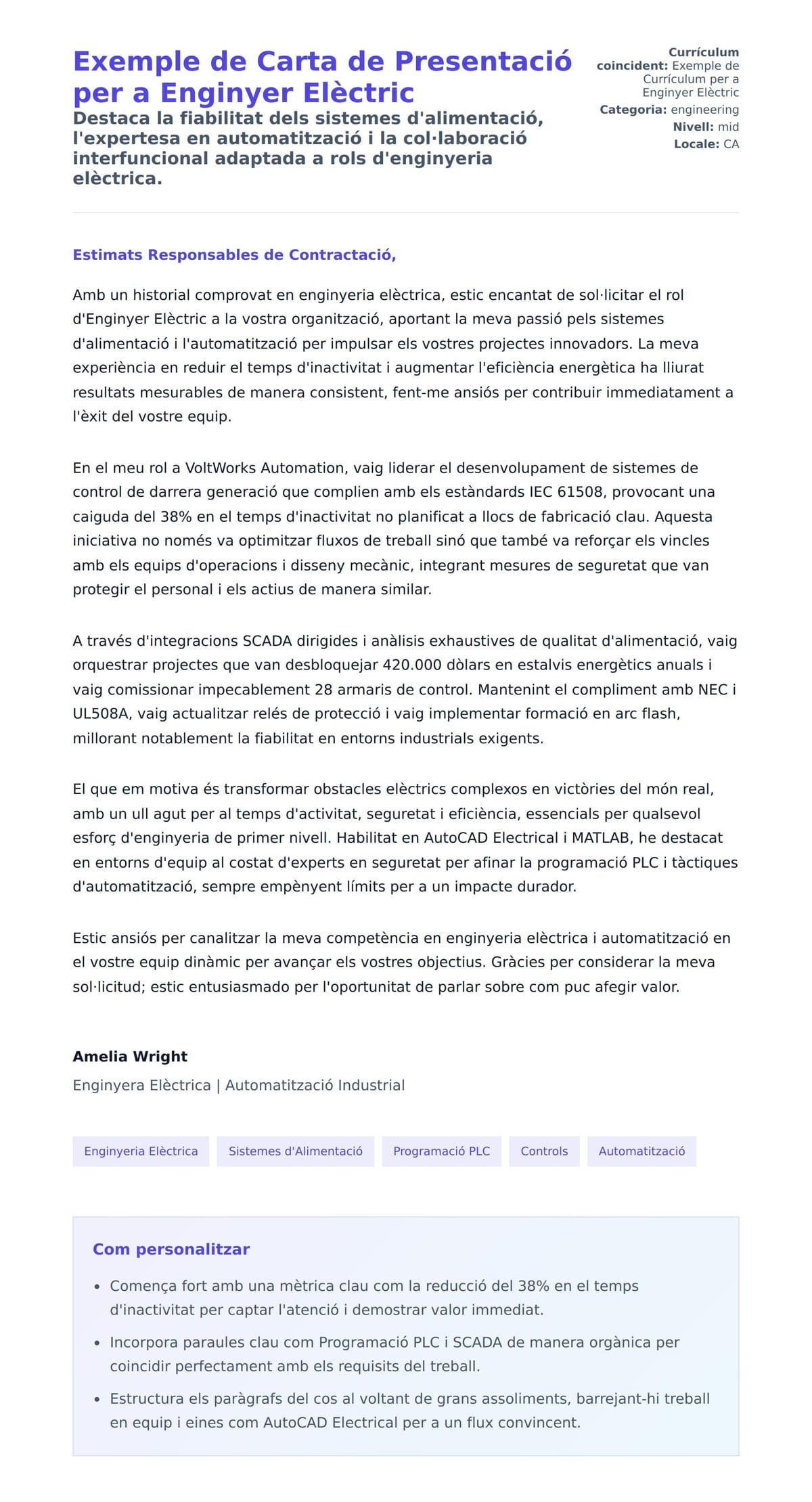 Previsualització de la carta de presentació per a Exemple de Carta de Presentació per a Enginyer Elèctric