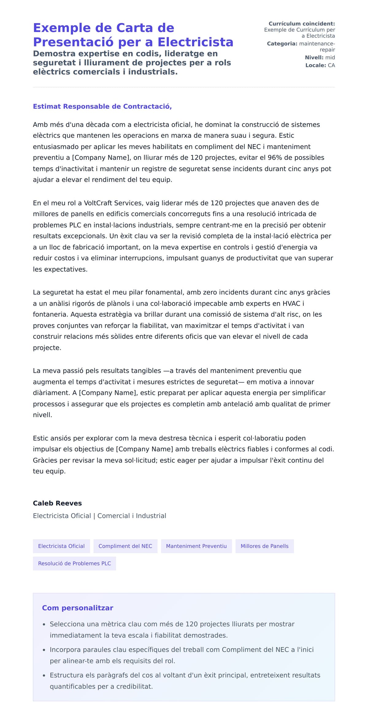 Previsualització de la carta de presentació per a Exemple de Carta de Presentació per a Electricista