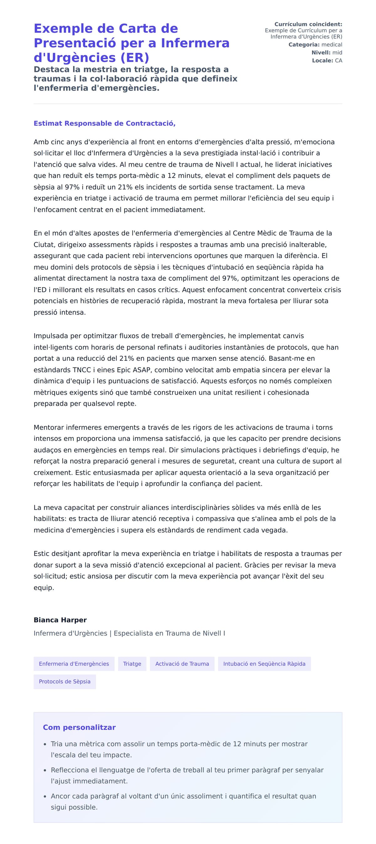 Previsualització de la carta de presentació per a Exemple de Carta de Presentació per a Infermera d'Urgències (ER)