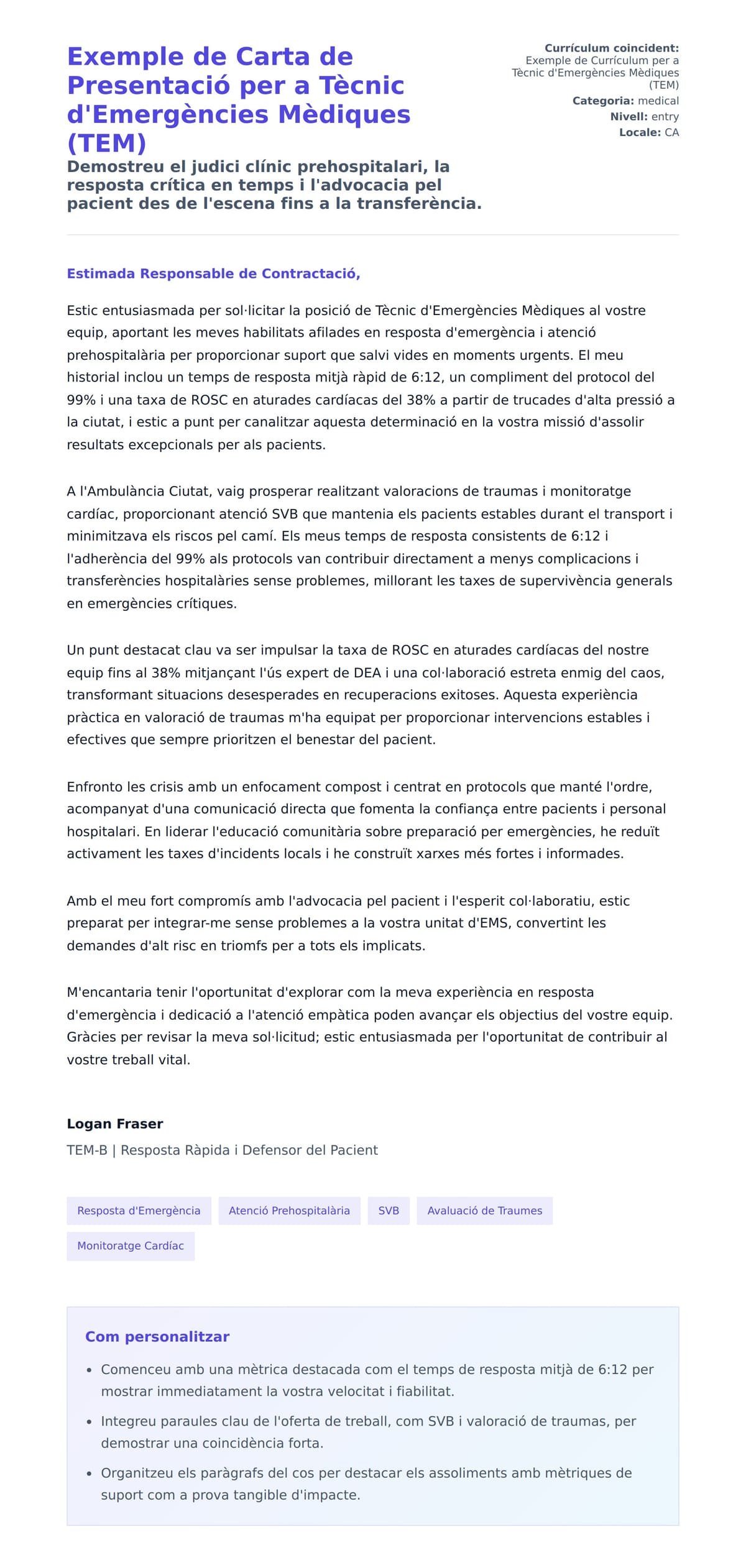 Previsualització de la carta de presentació per a Exemple de Carta de Presentació per a Tècnic d'Emergències Mèdiques (TEM)