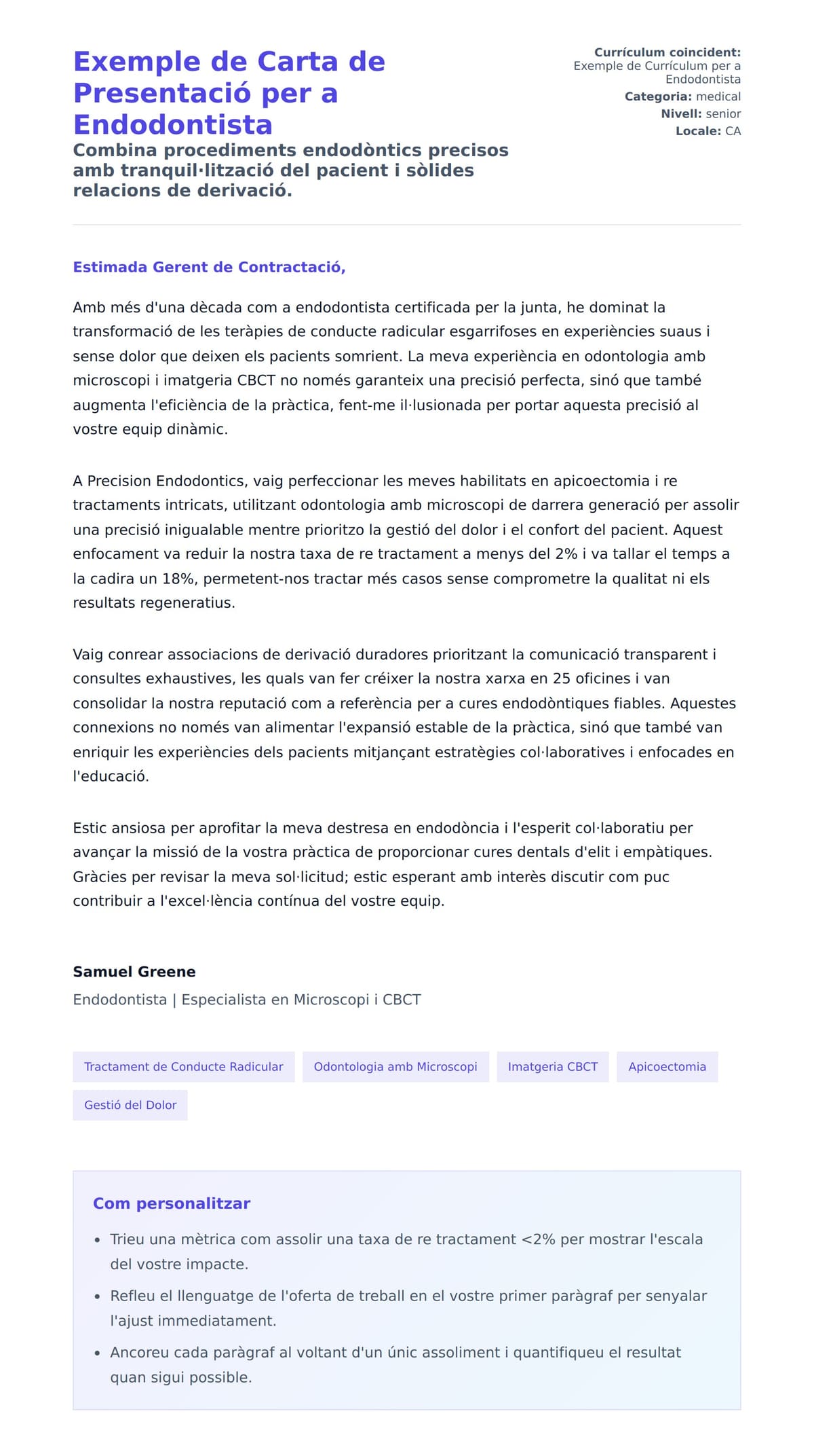 Previsualització de la carta de presentació per a Exemple de Carta de Presentació per a Endodontista
