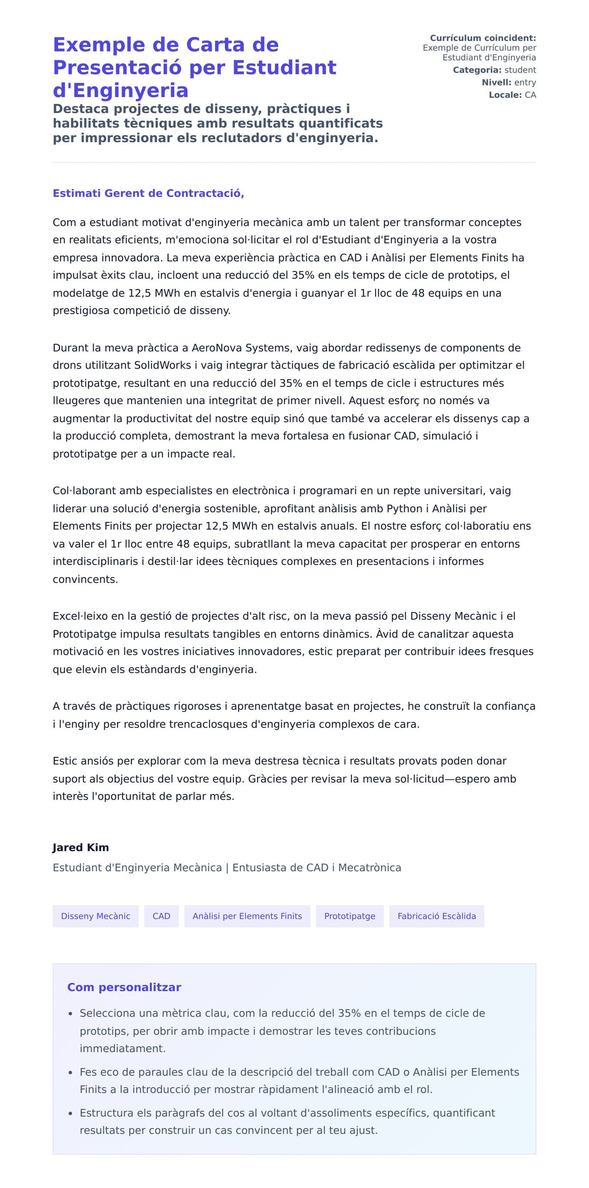 Previsualització de la carta de presentació per a Exemple de Carta de Presentació per Estudiant d'Enginyeria