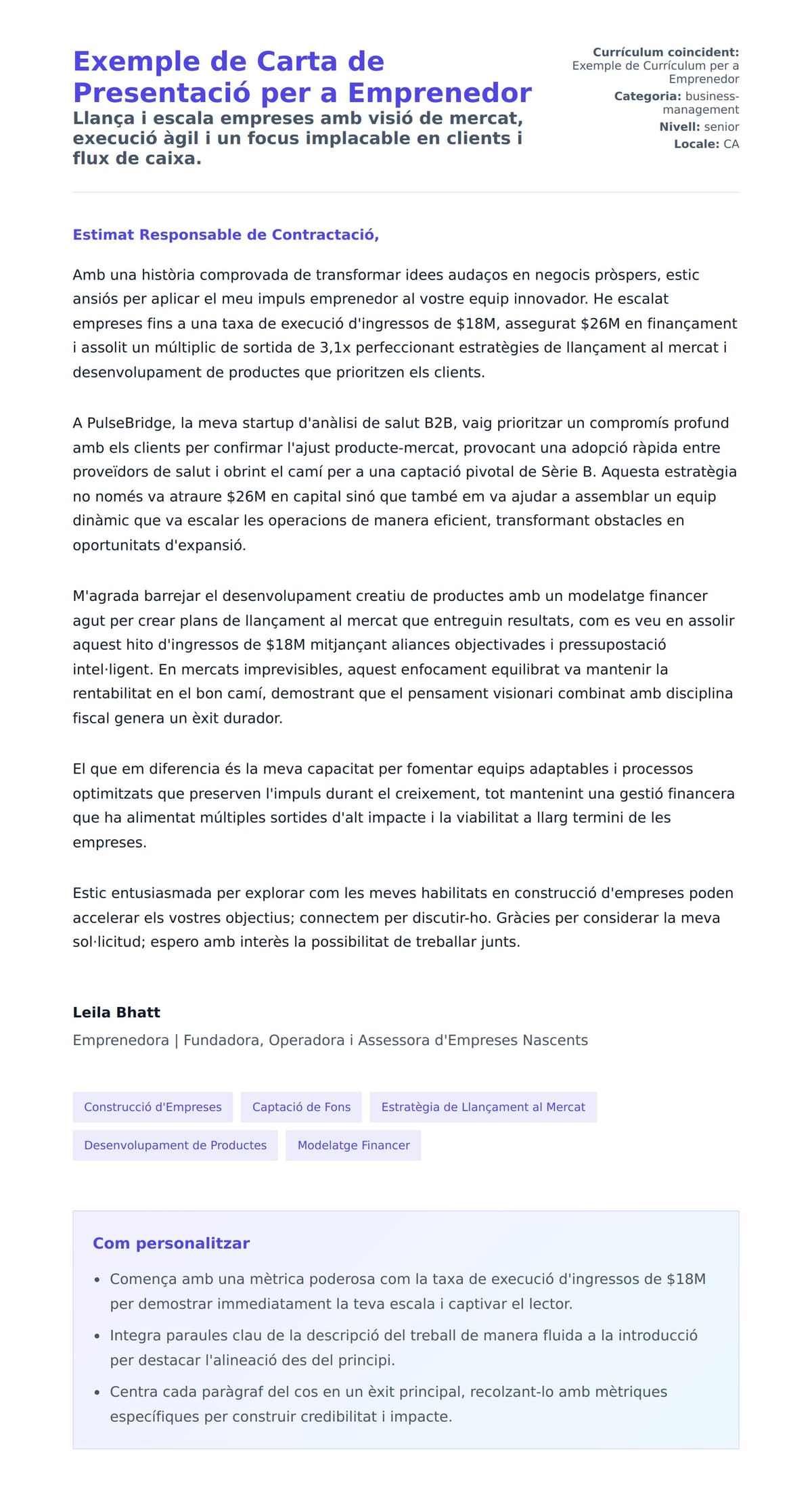 Previsualització de la carta de presentació per a Exemple de Carta de Presentació per a Emprenedor