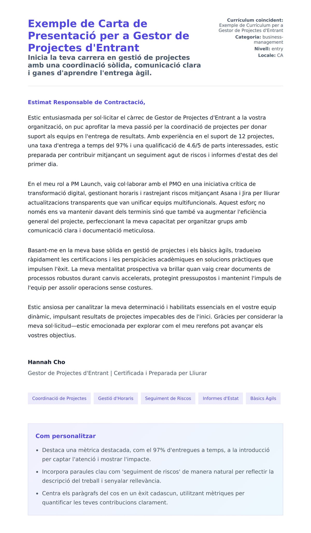 Previsualització de la carta de presentació per a Exemple de Carta de Presentació per a Gestor de Projectes d'Entrant