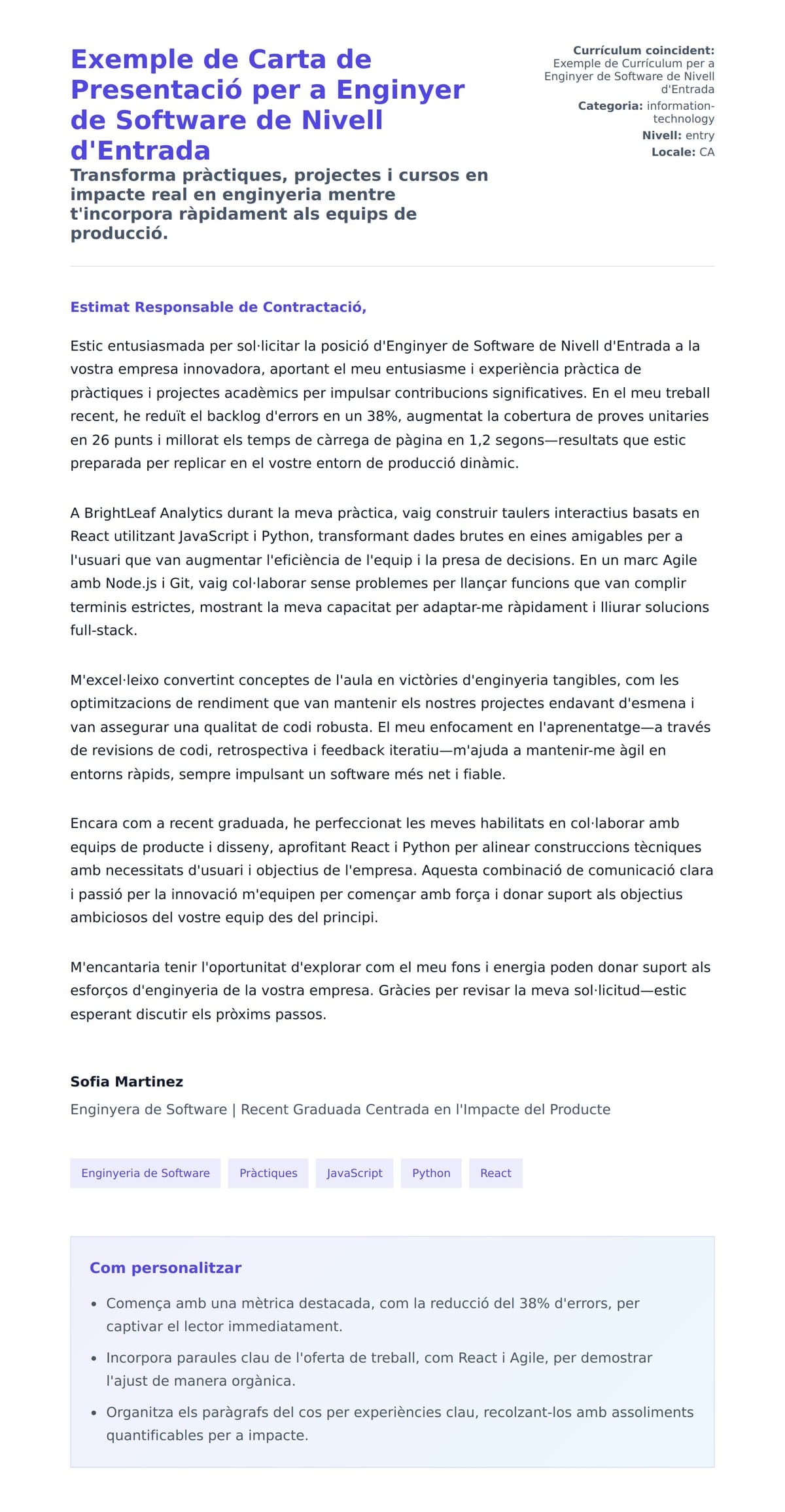 Previsualització de la carta de presentació per a Exemple de Carta de Presentació per a Enginyer de Software de Nivell d'Entrada