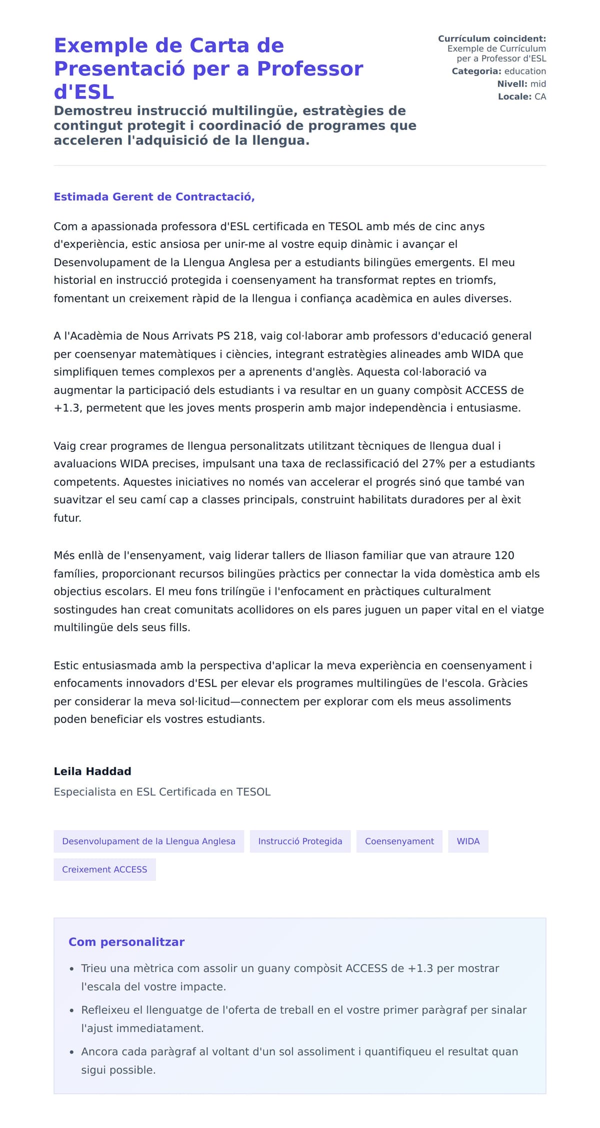 Previsualització de la carta de presentació per a Exemple de Carta de Presentació per a Professor d'ESL