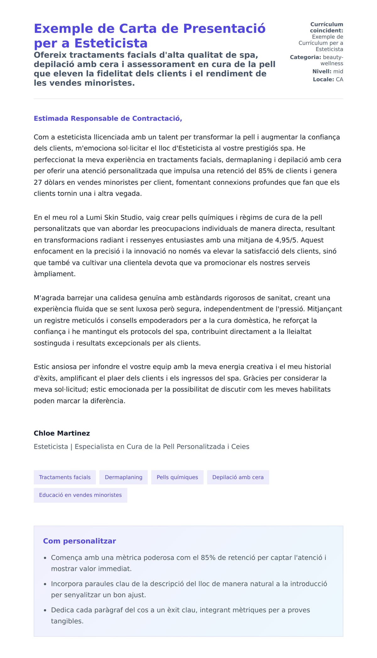 Previsualització de la carta de presentació per a Exemple de Carta de Presentació per a Esteticista