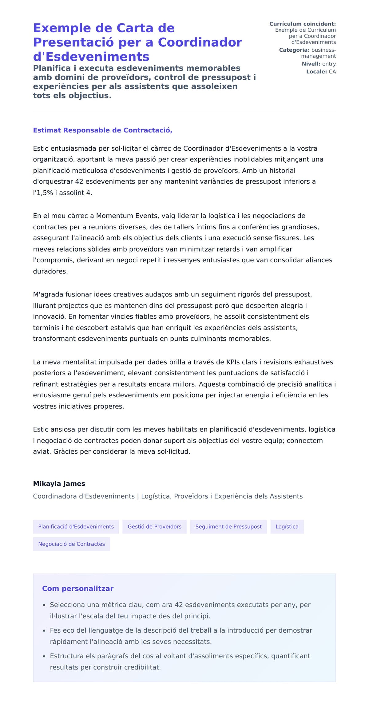 Previsualització de la carta de presentació per a Exemple de Carta de Presentació per a Coordinador d'Esdeveniments