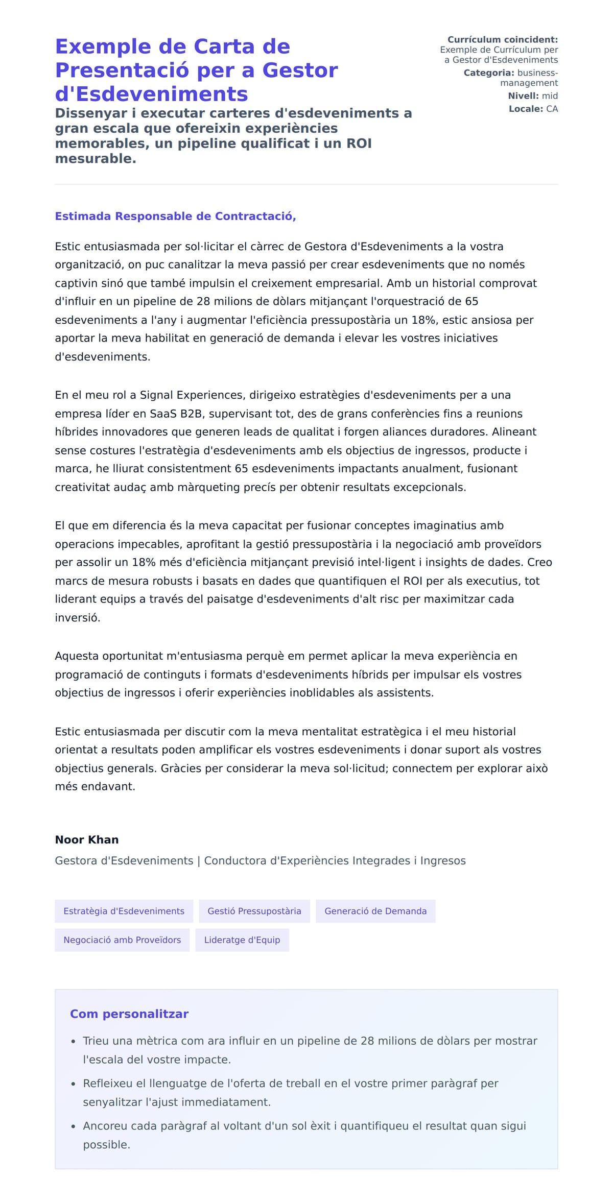 Previsualització de la carta de presentació per a Exemple de Carta de Presentació per a Gestor d'Esdeveniments