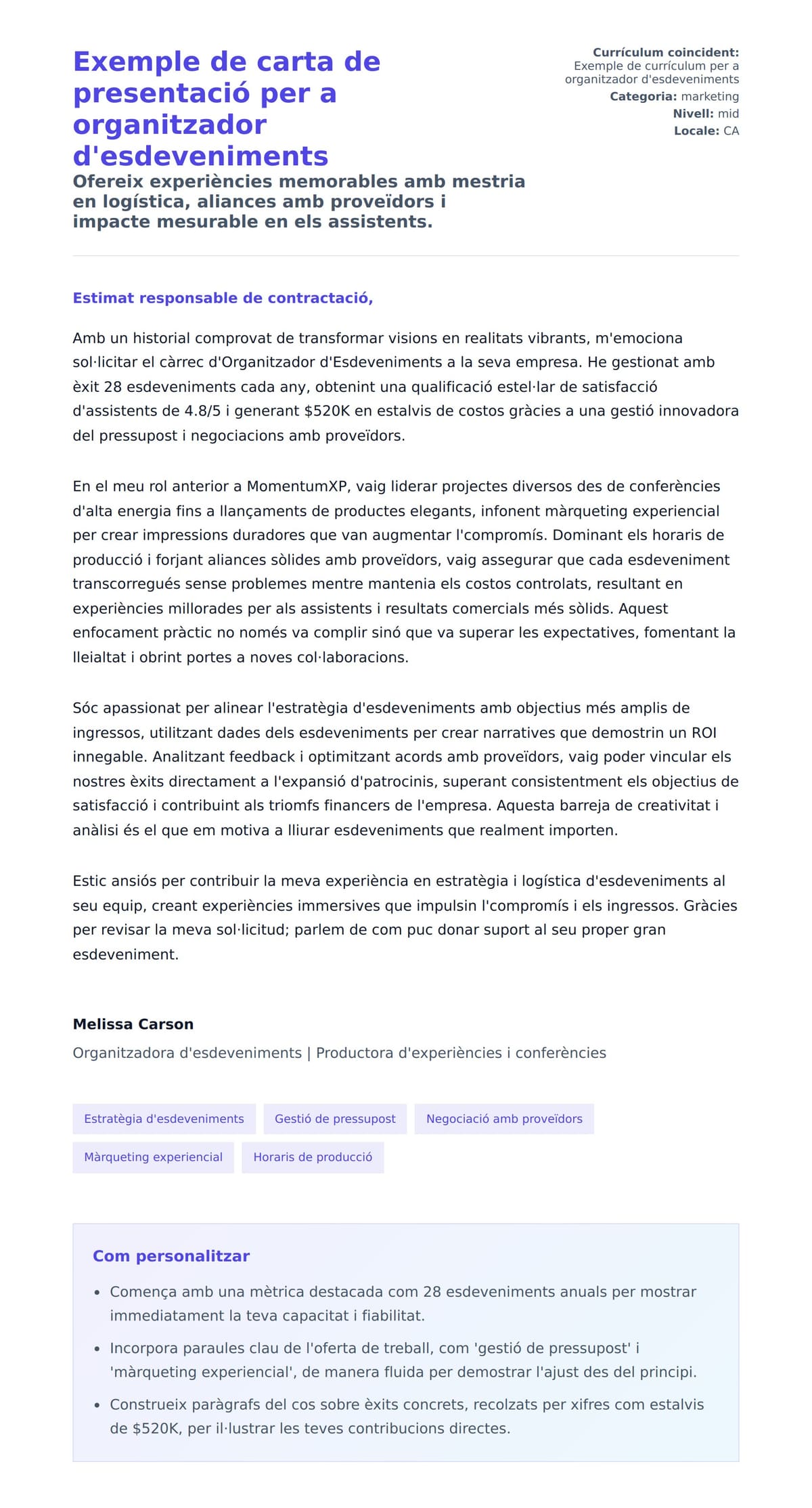 Previsualització de la carta de presentació per a Exemple de carta de presentació per a organitzador d'esdeveniments