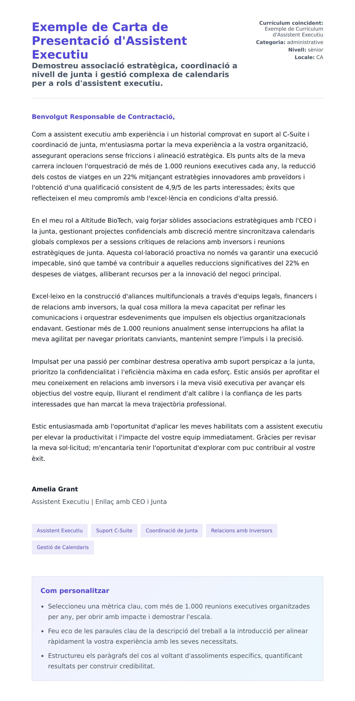 Previsualització de la carta de presentació per a Exemple de Carta de Presentació d'Assistent Executiu