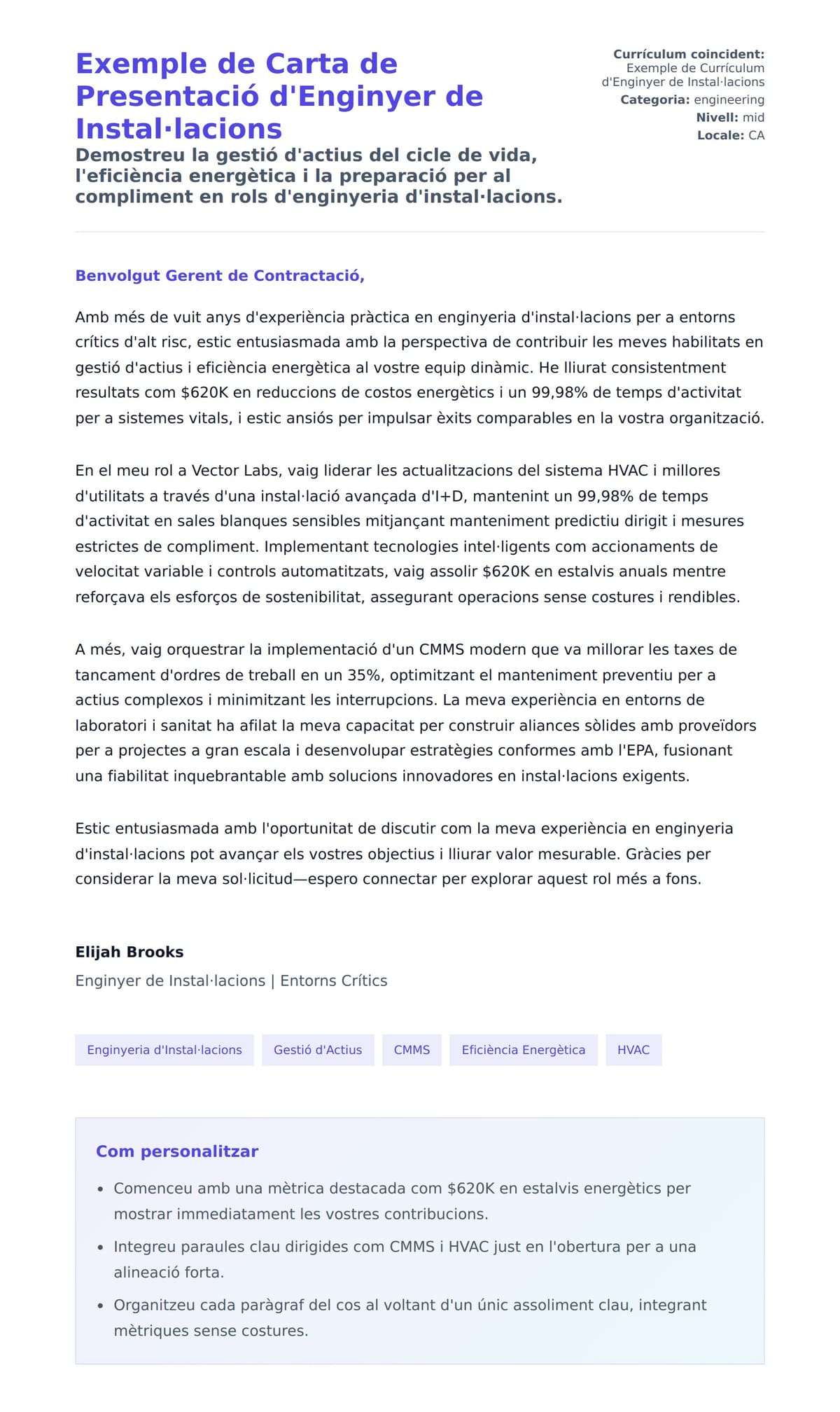 Previsualització de la carta de presentació per a Exemple de Carta de Presentació d'Enginyer de Instal·lacions