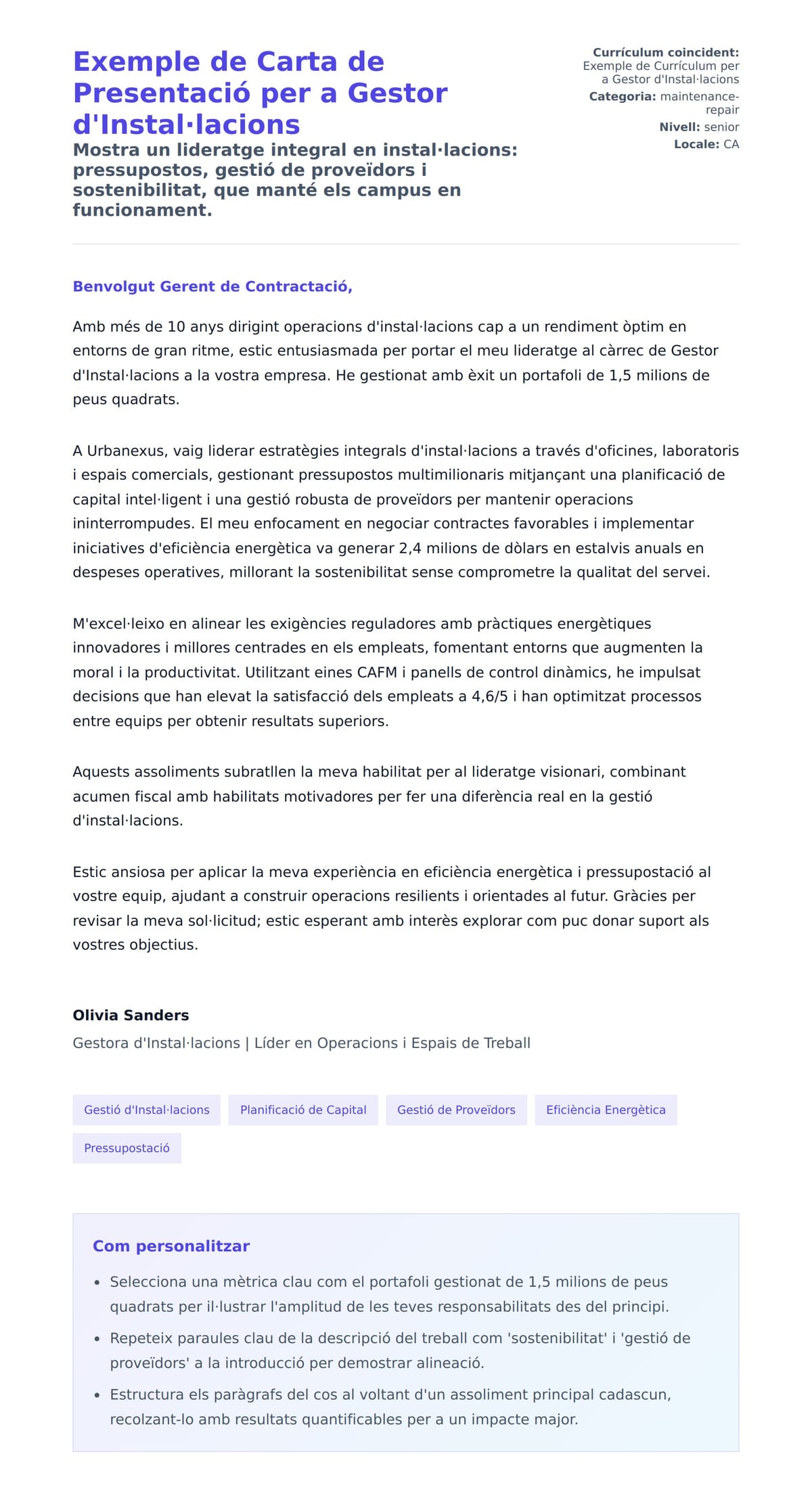 Previsualització de la carta de presentació per a Exemple de Carta de Presentació per a Gestor d'Instal·lacions