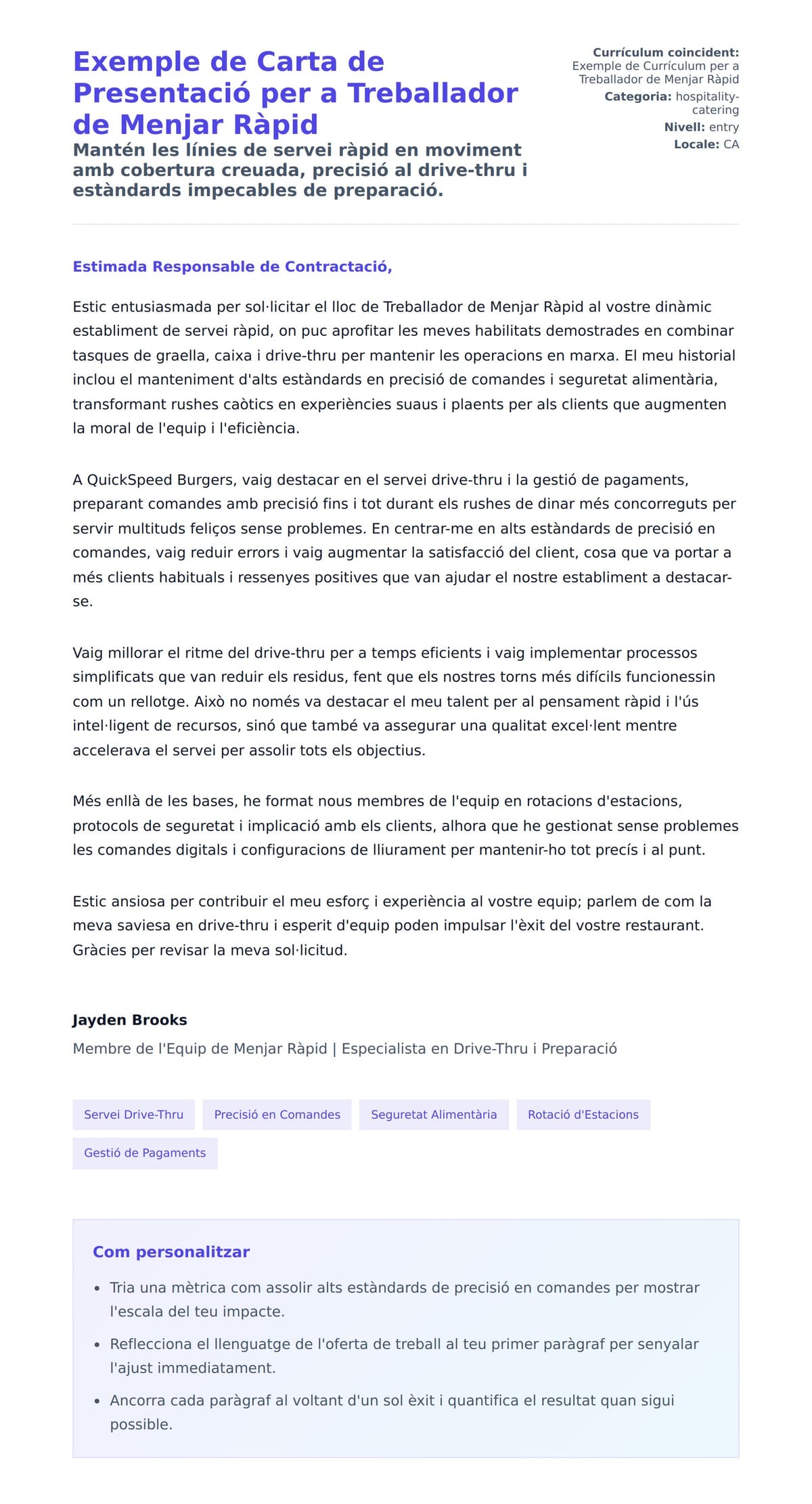 Previsualització de la carta de presentació per a Exemple de Carta de Presentació per a Treballador de Menjar Ràpid