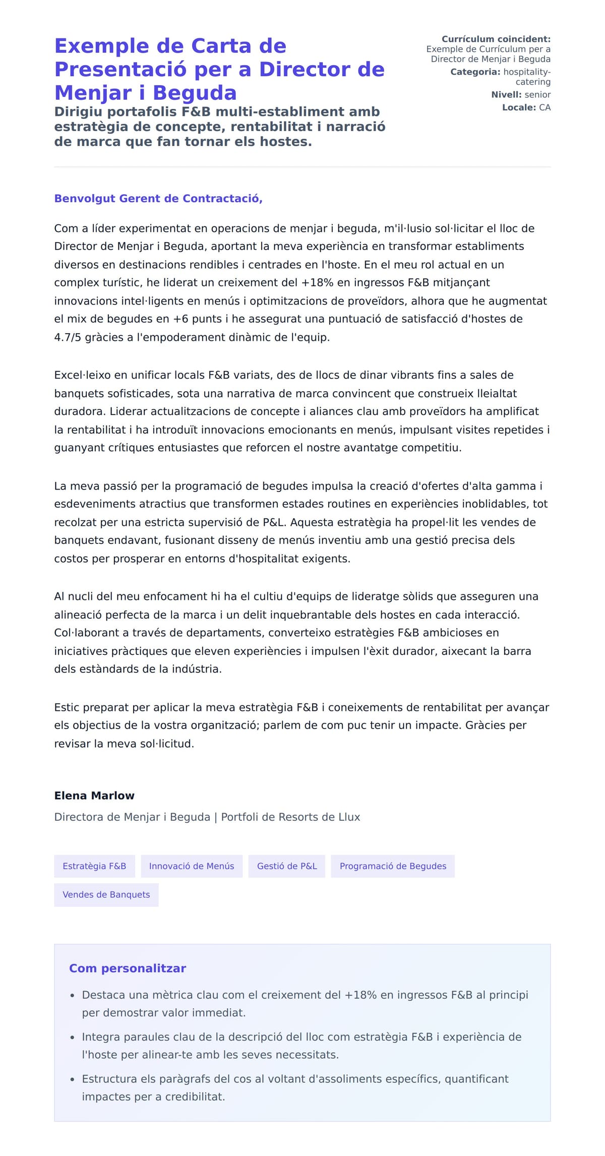 Previsualització de la carta de presentació per a Exemple de Carta de Presentació per a Director de Menjar i Beguda