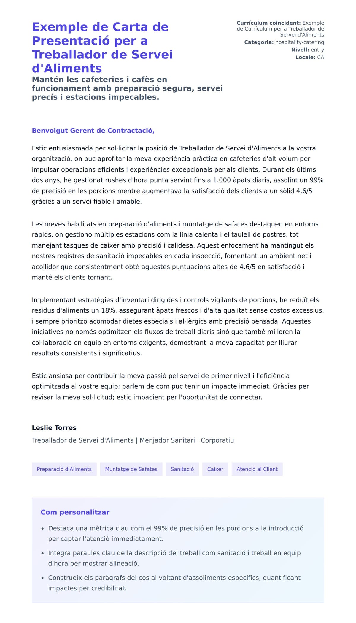 Previsualització de la carta de presentació per a Exemple de Carta de Presentació per a Treballador de Servei d'Aliments