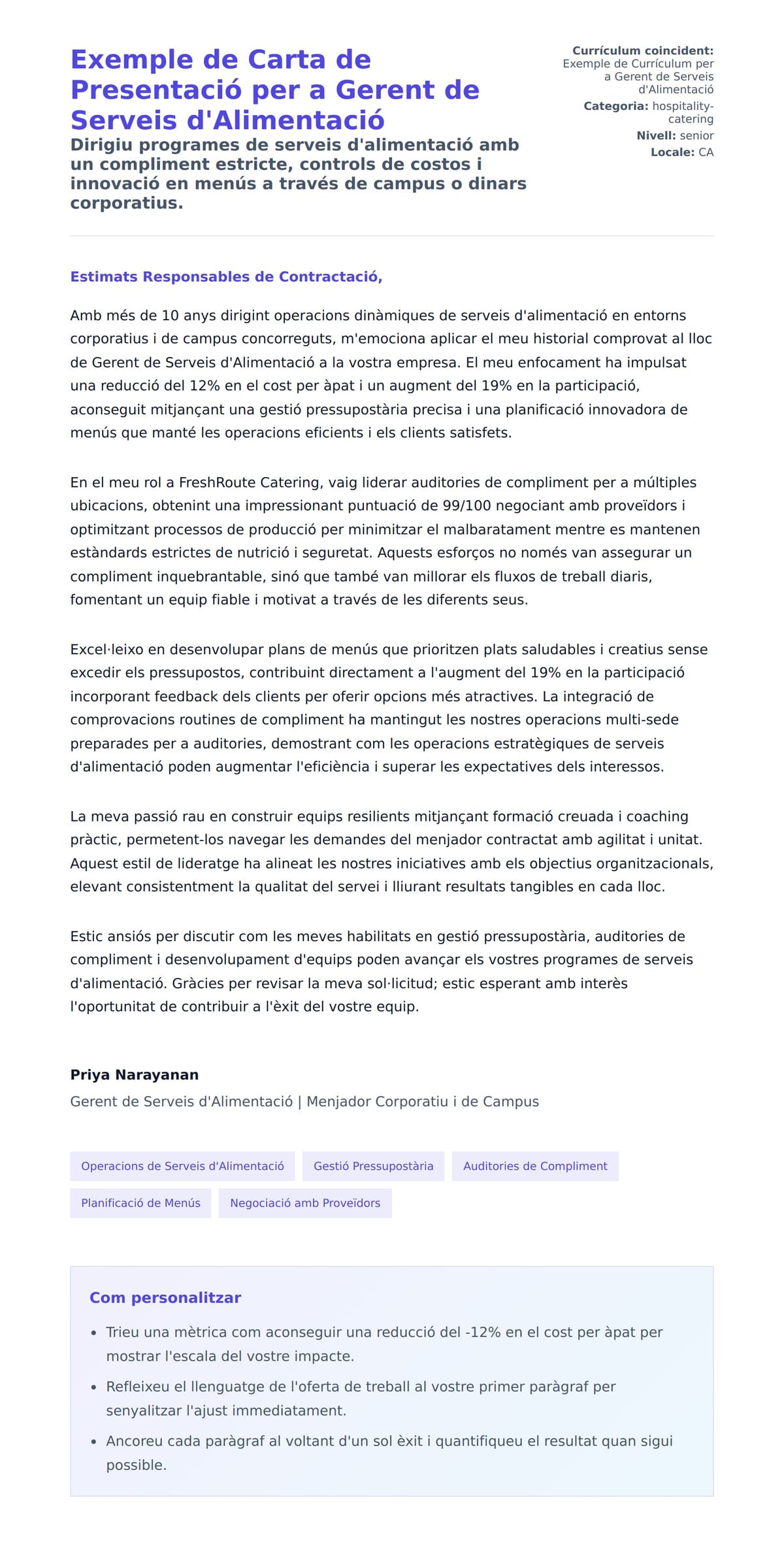 Previsualització de la carta de presentació per a Exemple de Carta de Presentació per a Gerent de Serveis d'Alimentació