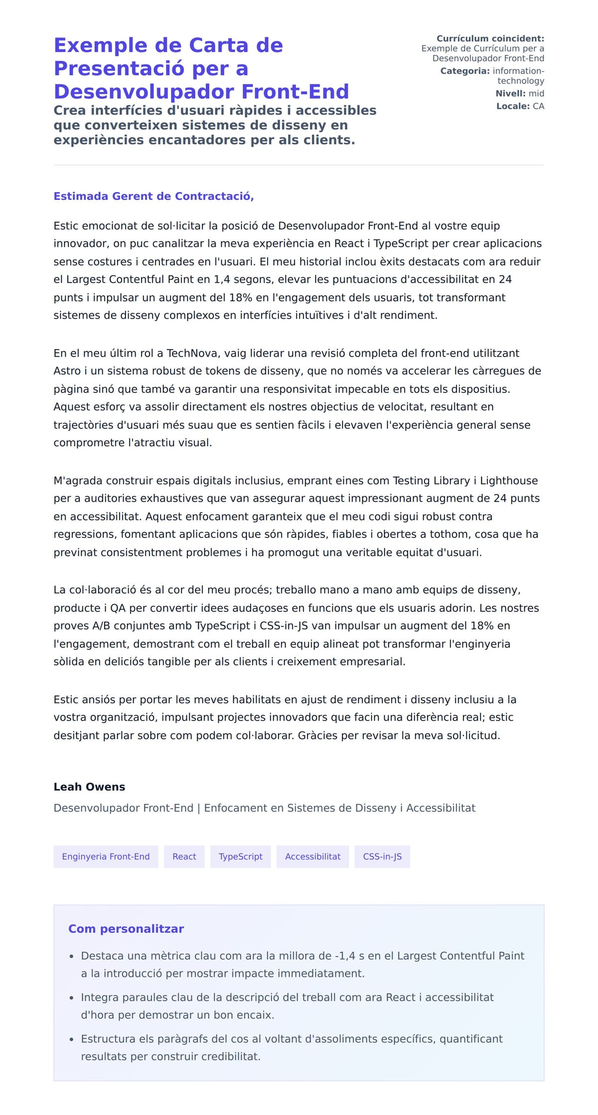 Previsualització de la carta de presentació per a Exemple de Carta de Presentació per a Desenvolupador Front-End