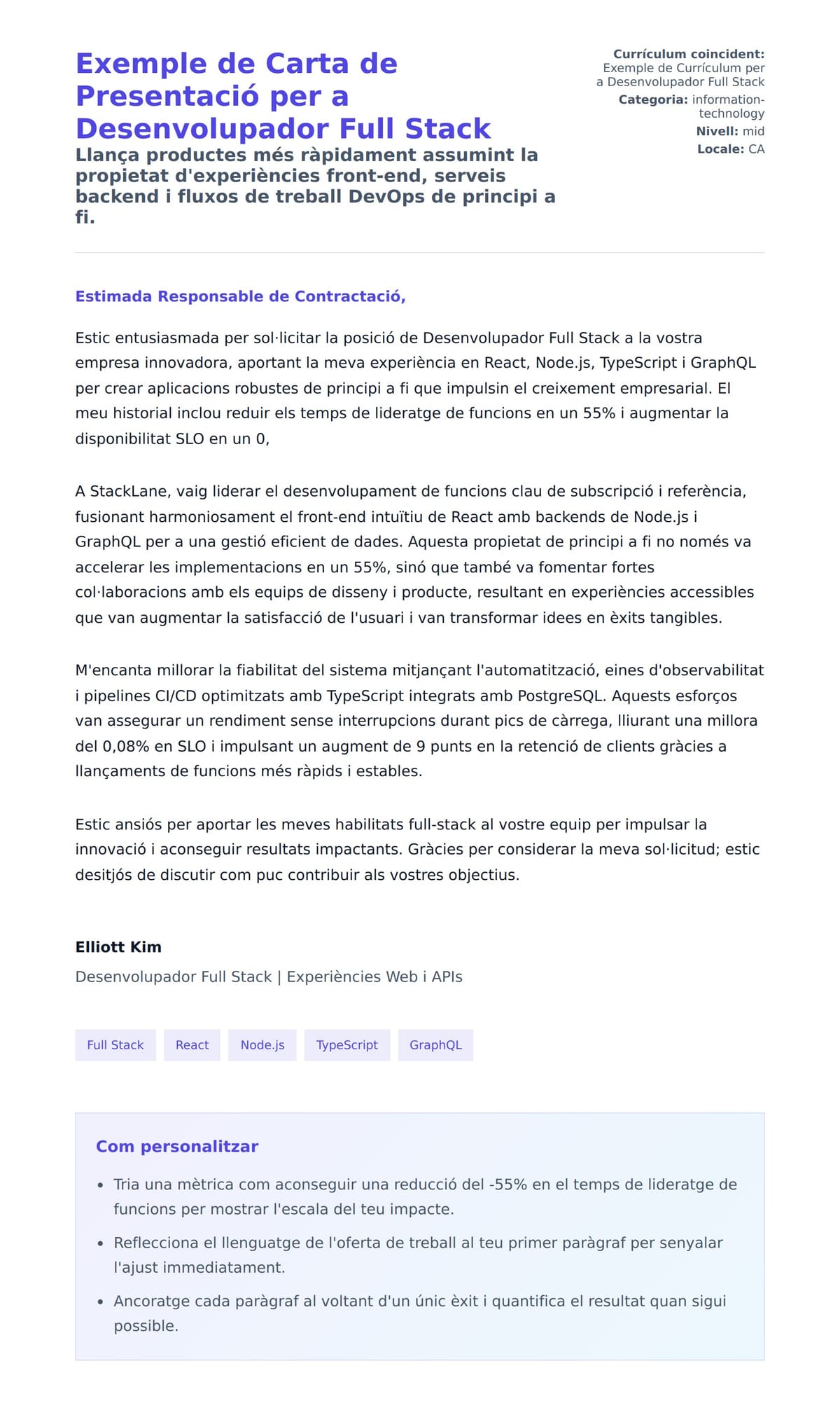 Previsualització de la carta de presentació per a Exemple de Carta de Presentació per a Desenvolupador Full Stack