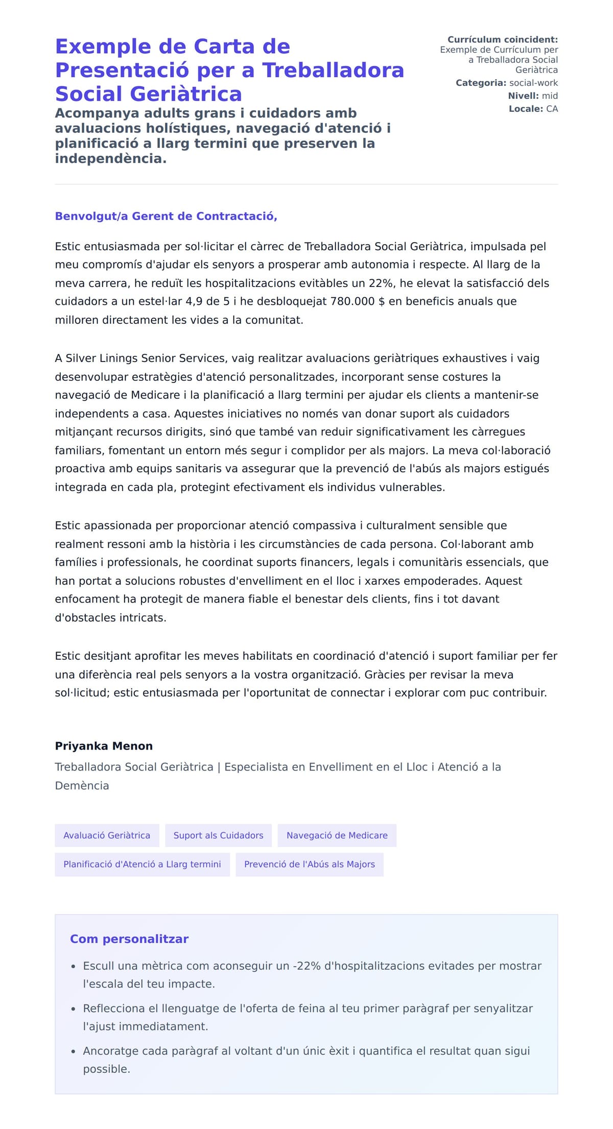 Previsualització de la carta de presentació per a Exemple de Carta de Presentació per a Treballadora Social Geriàtrica