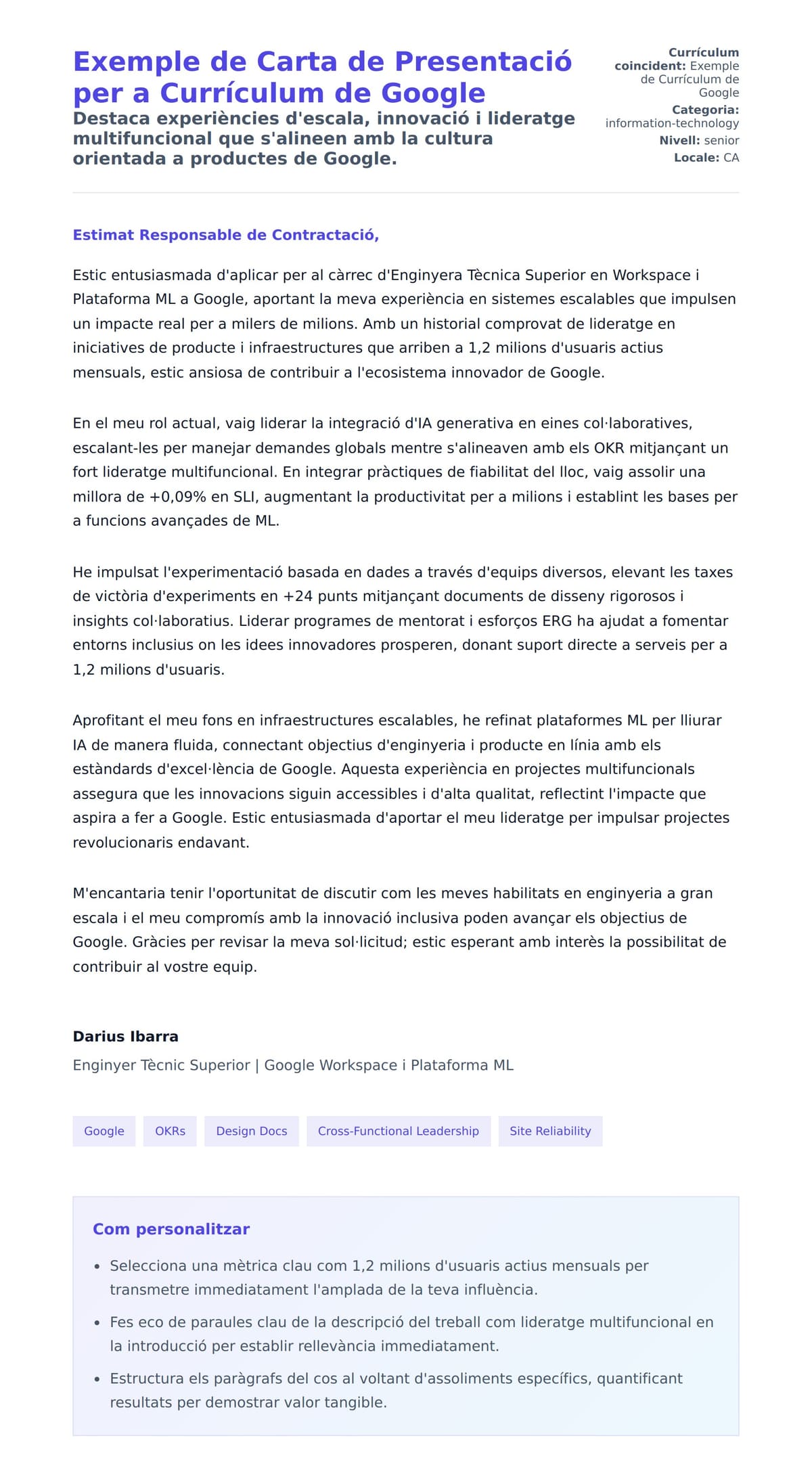 Previsualització de la carta de presentació per a Exemple de Carta de Presentació per a Currículum de Google