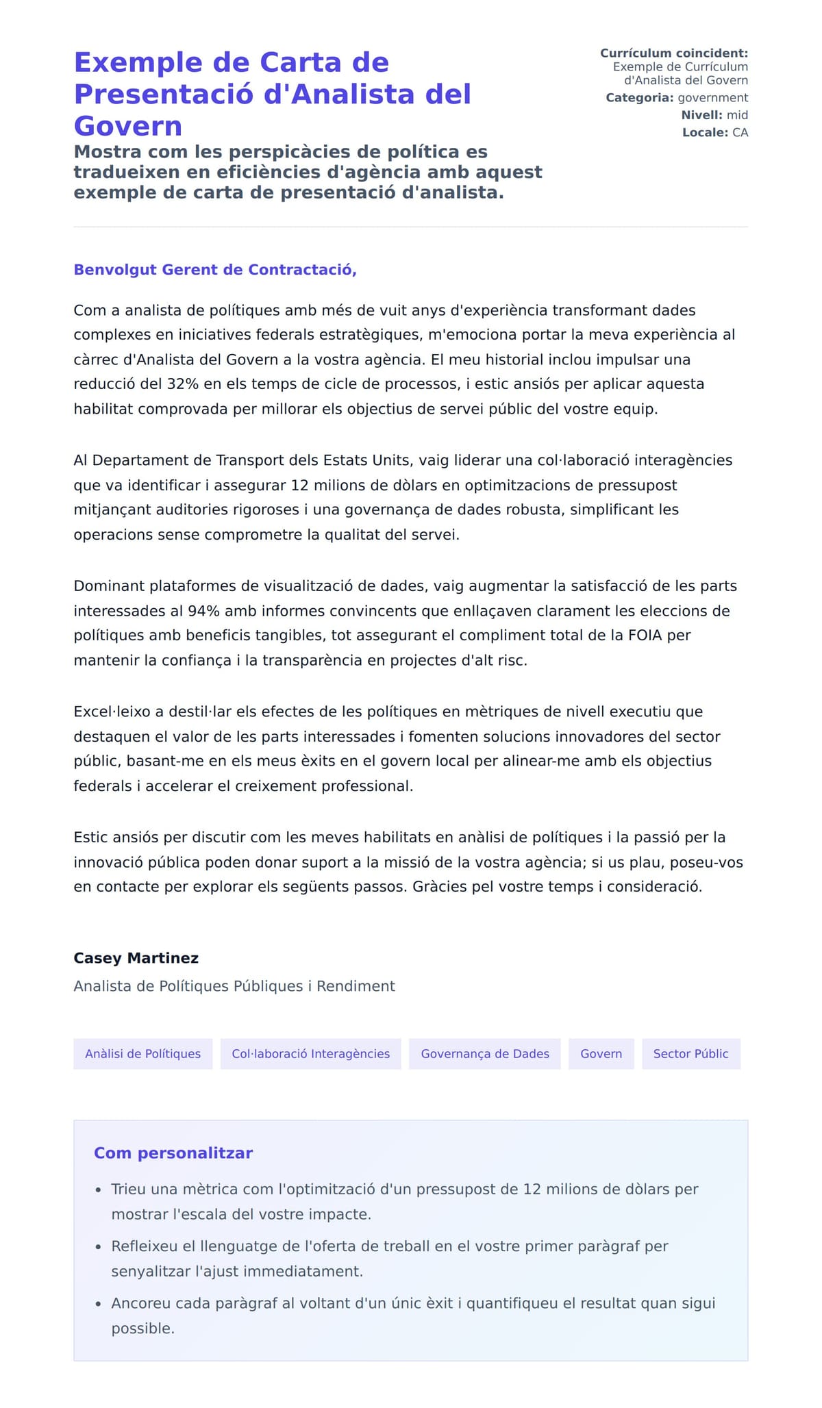 Previsualització de la carta de presentació per a Exemple de Carta de Presentació d'Analista del Govern