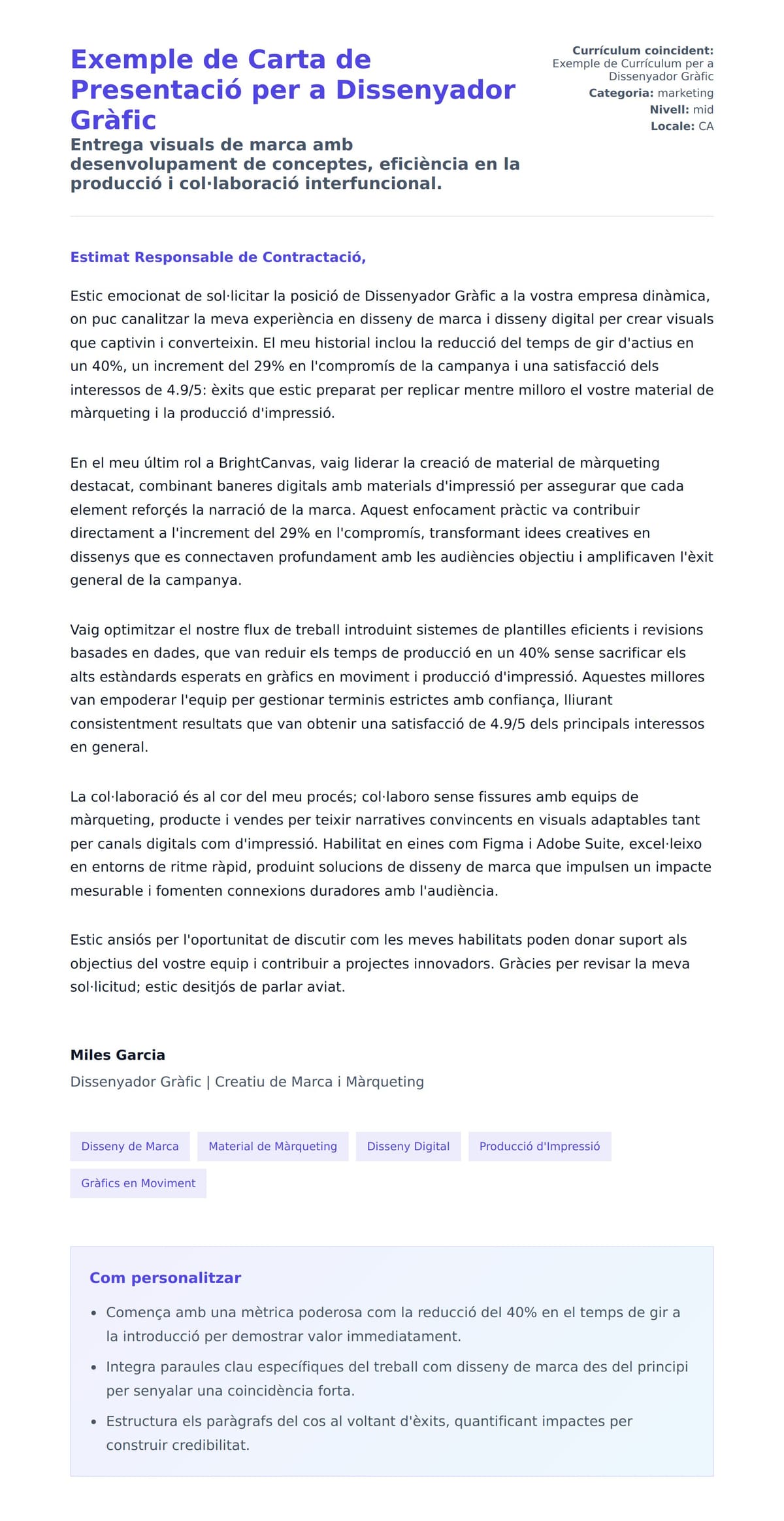 Previsualització de la carta de presentació per a Exemple de Carta de Presentació per a Dissenyador Gràfic