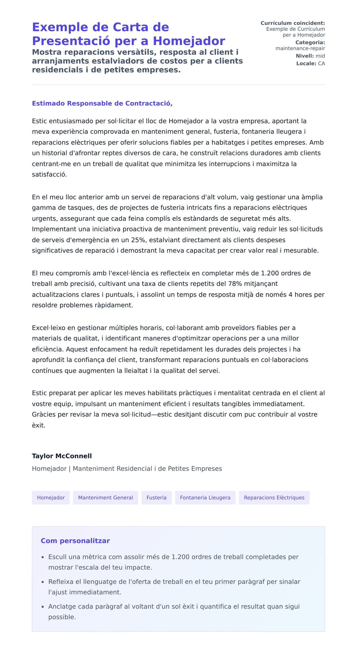 Previsualització de la carta de presentació per a Exemple de Carta de Presentació per a Homejador