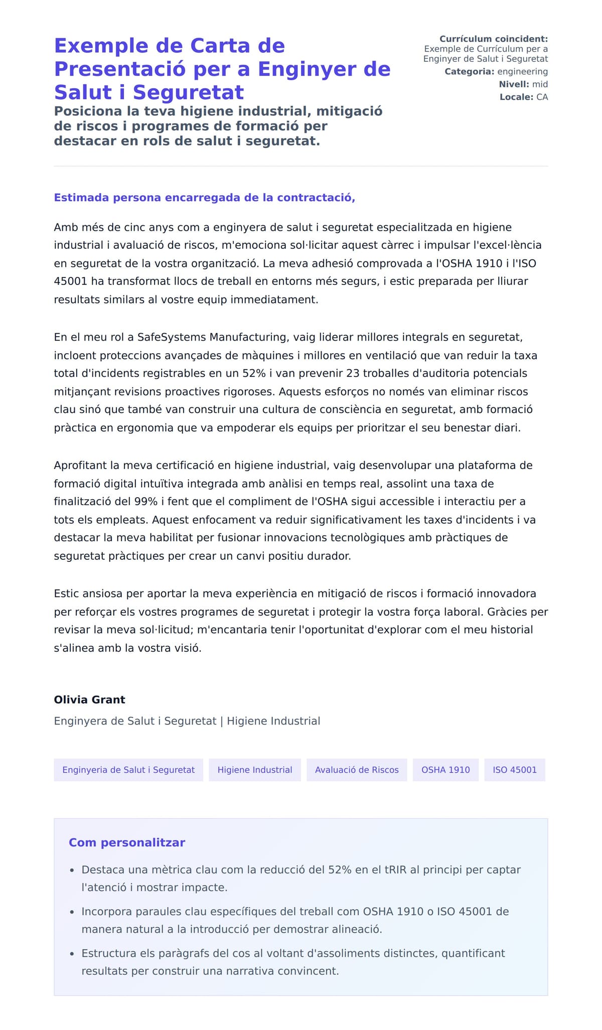 Previsualització de la carta de presentació per a Exemple de Carta de Presentació per a Enginyer de Salut i Seguretat