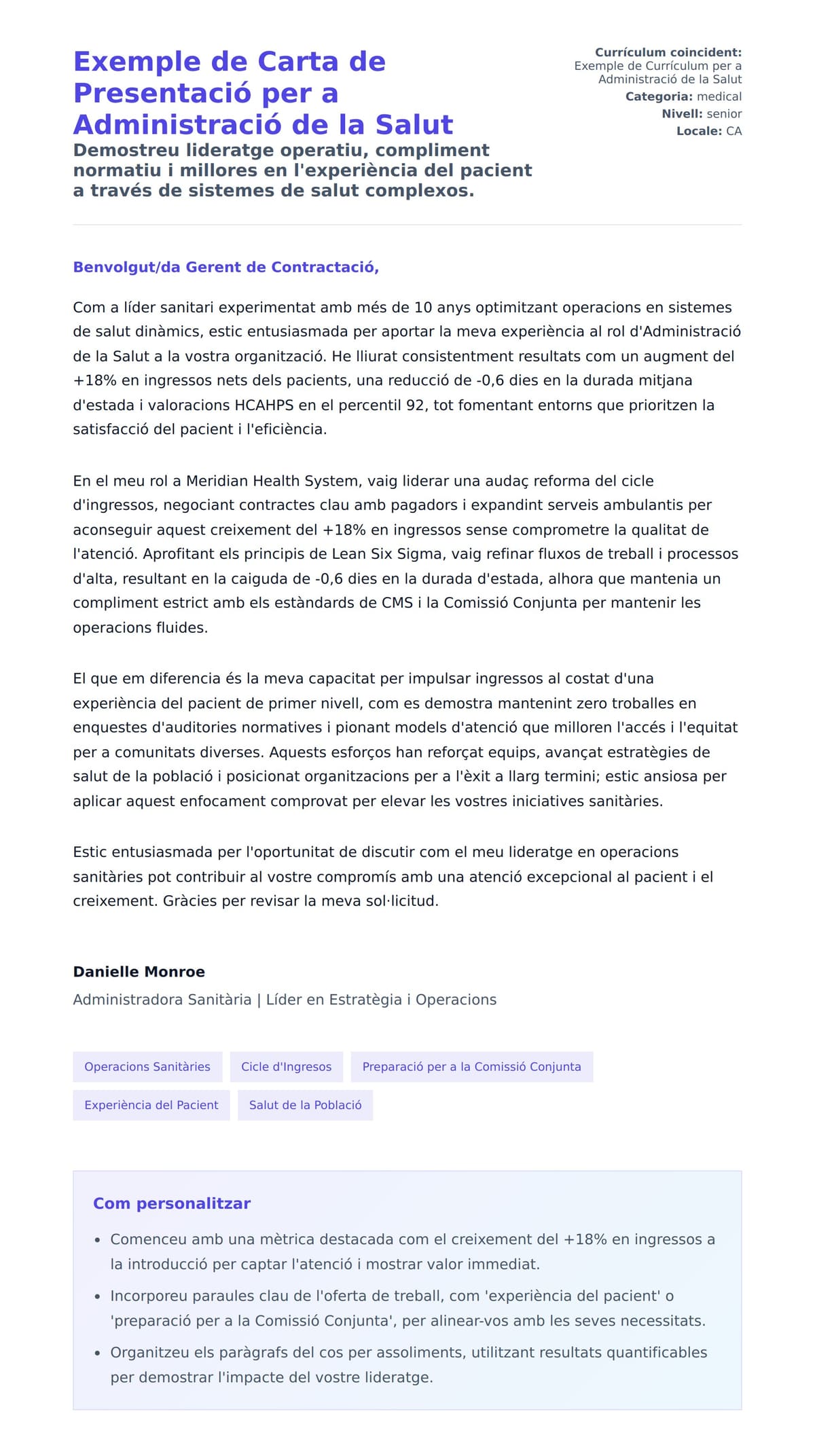 Previsualització de la carta de presentació per a Exemple de Carta de Presentació per a Administració de la Salut