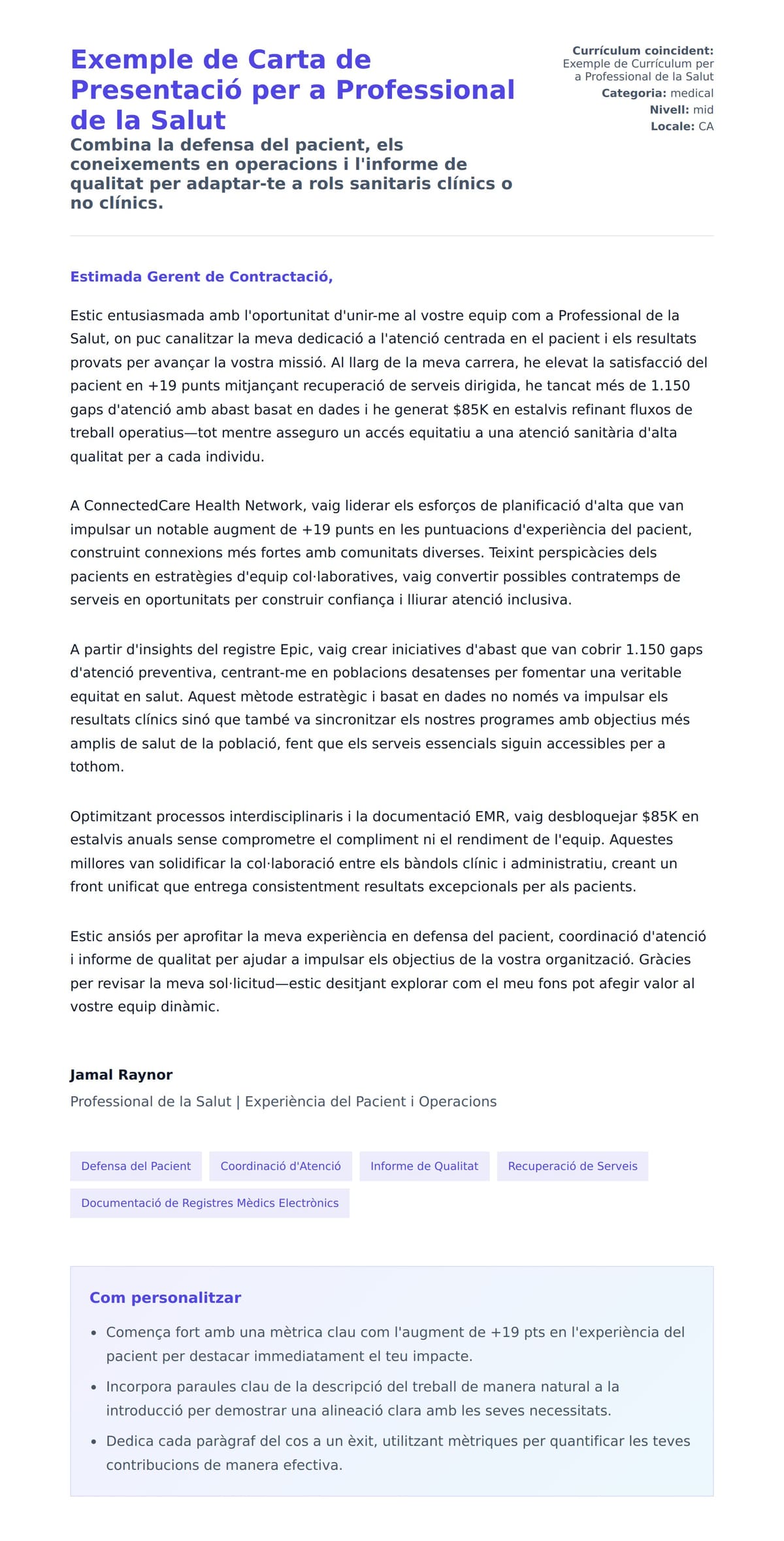 Previsualització de la carta de presentació per a Exemple de Carta de Presentació per a Professional de la Salut