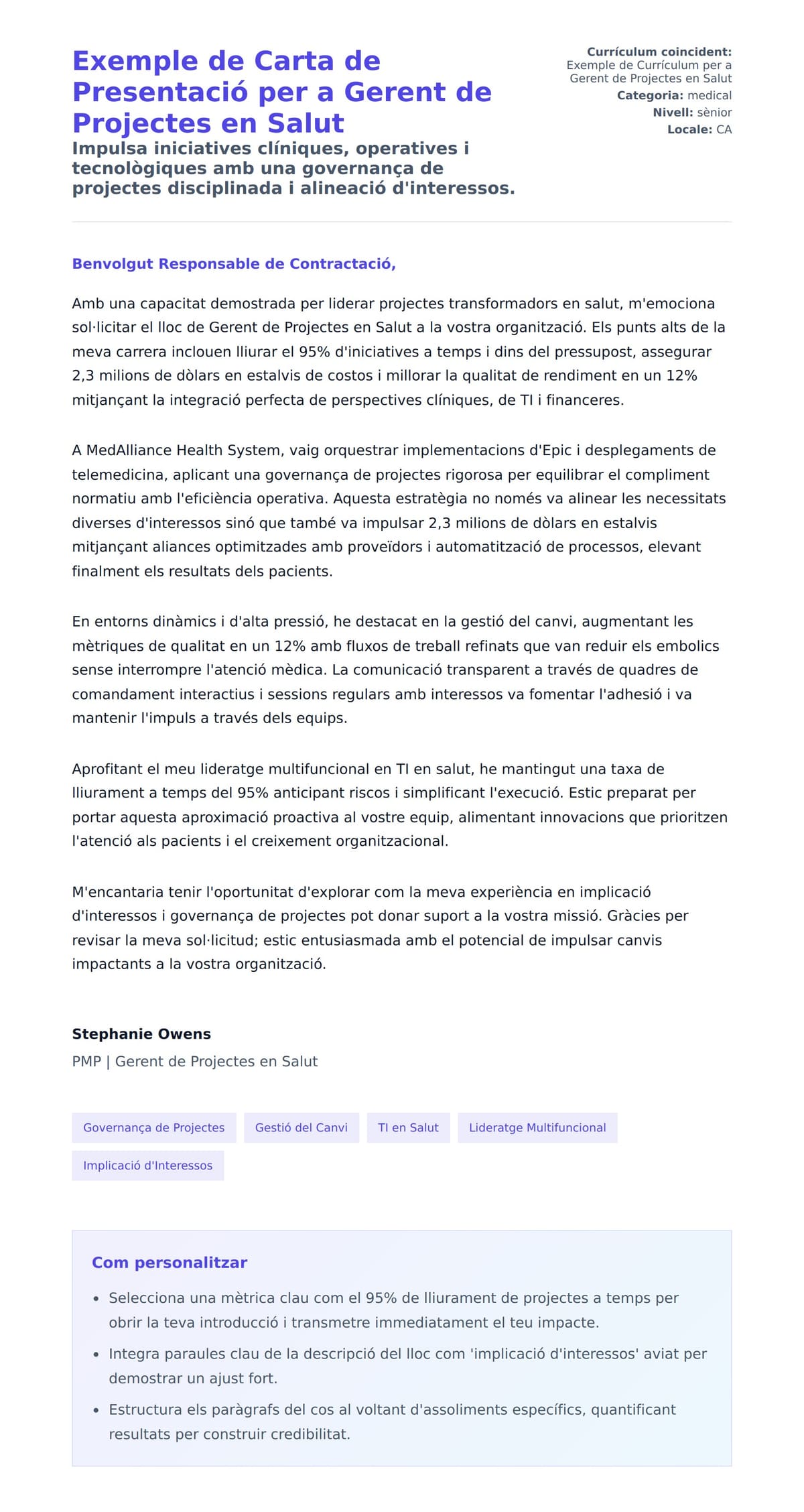 Previsualització de la carta de presentació per a Exemple de Carta de Presentació per a Gerent de Projectes en Salut