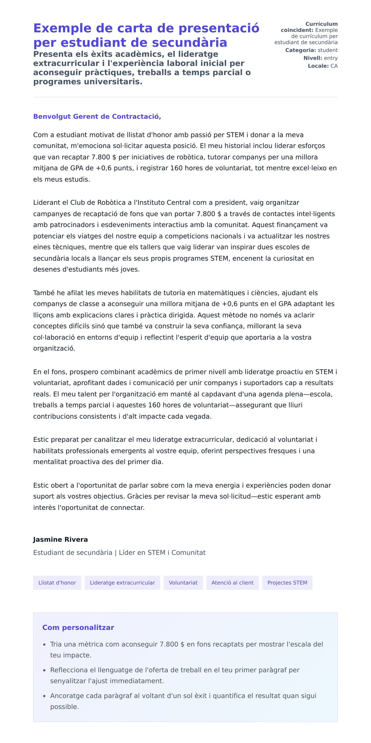 Previsualització de la carta de presentació per a Exemple de carta de presentació per estudiant de secundària