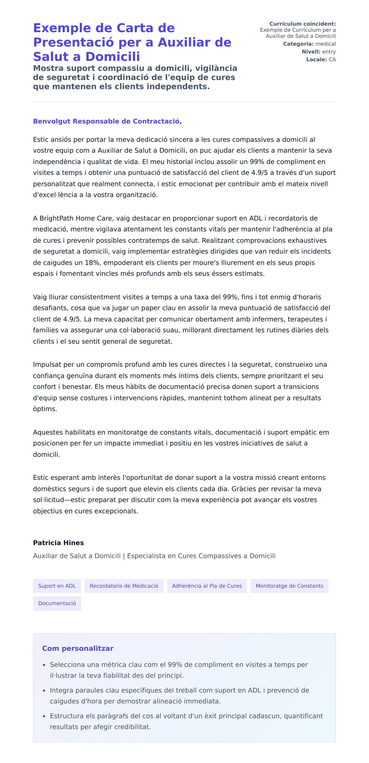 Previsualització de la carta de presentació per a Exemple de Carta de Presentació per a Auxiliar de Salut a Domicili