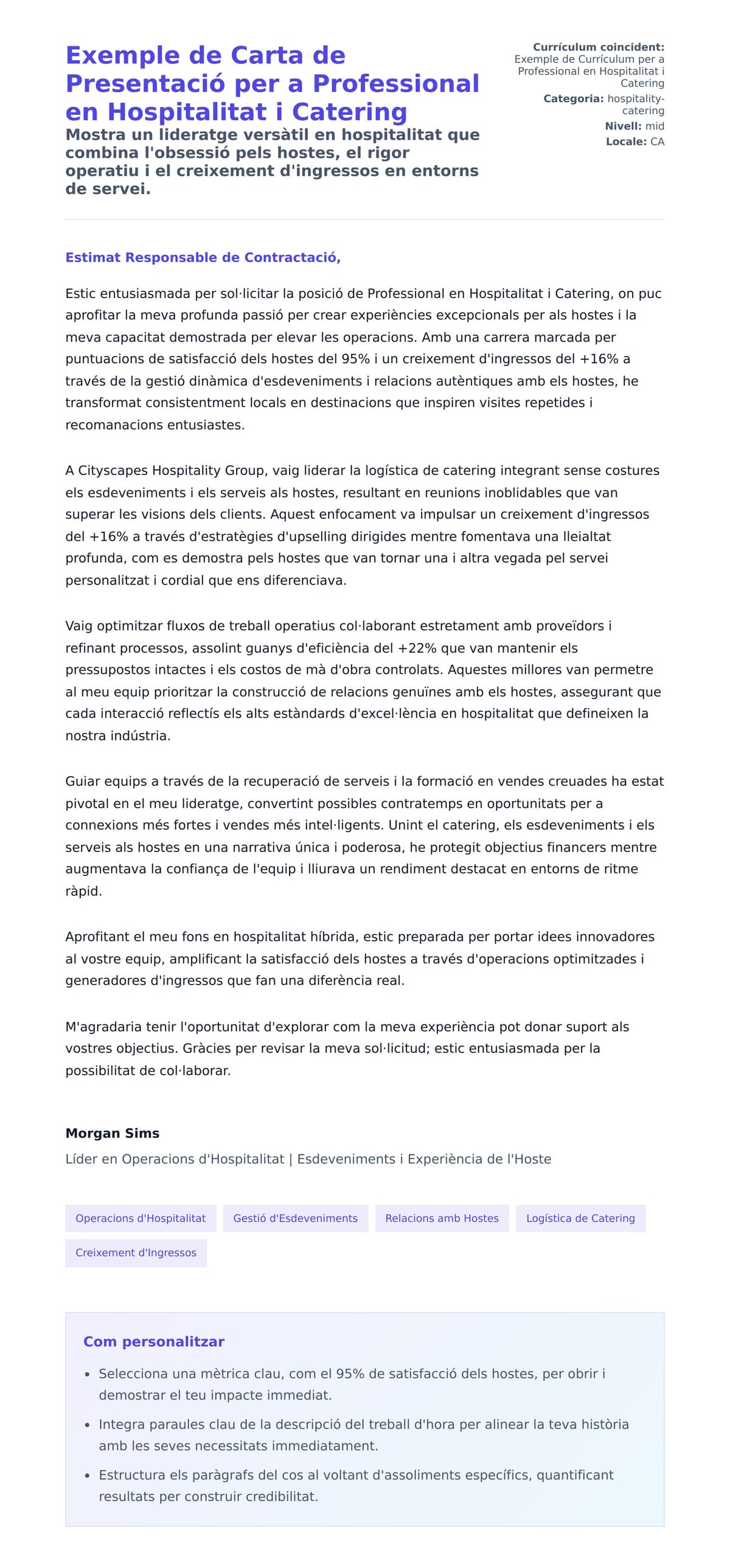 Previsualització de la carta de presentació per a Exemple de Carta de Presentació per a Professional en Hospitalitat i Catering