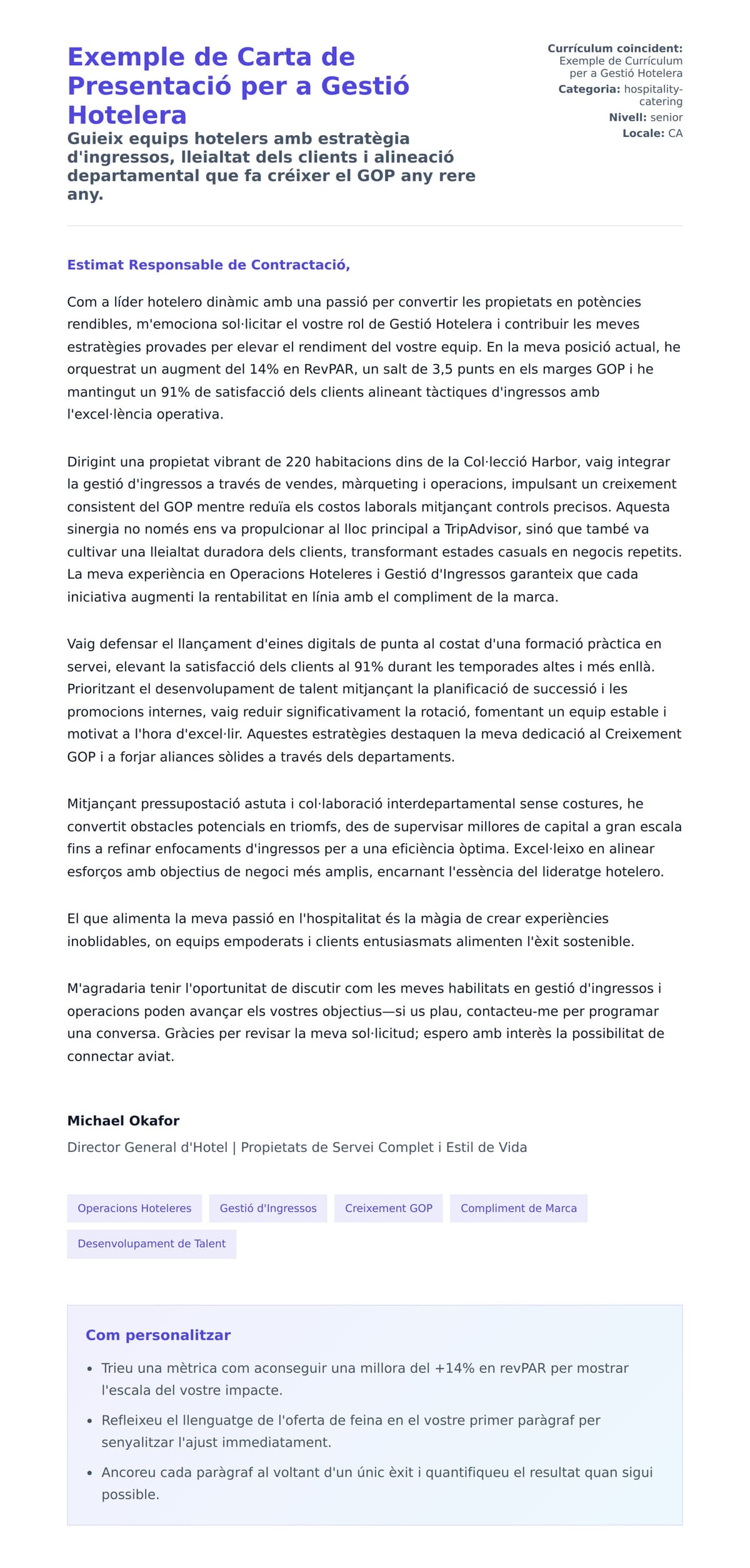 Previsualització de la carta de presentació per a Exemple de Carta de Presentació per a Gestió Hotelera