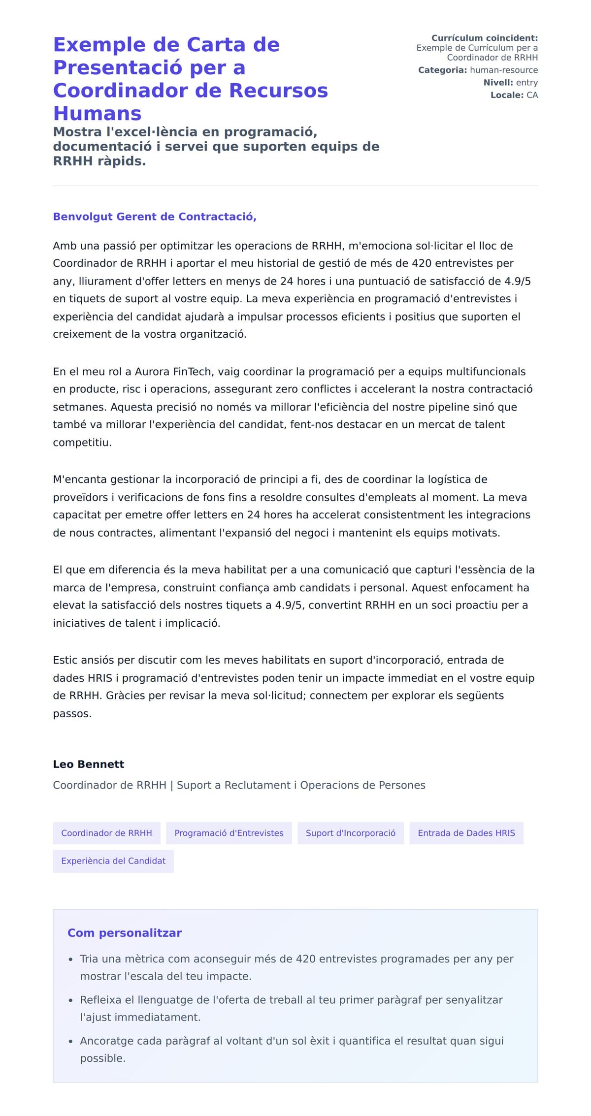 Previsualització de la carta de presentació per a Exemple de Carta de Presentació per a Coordinador de Recursos Humans