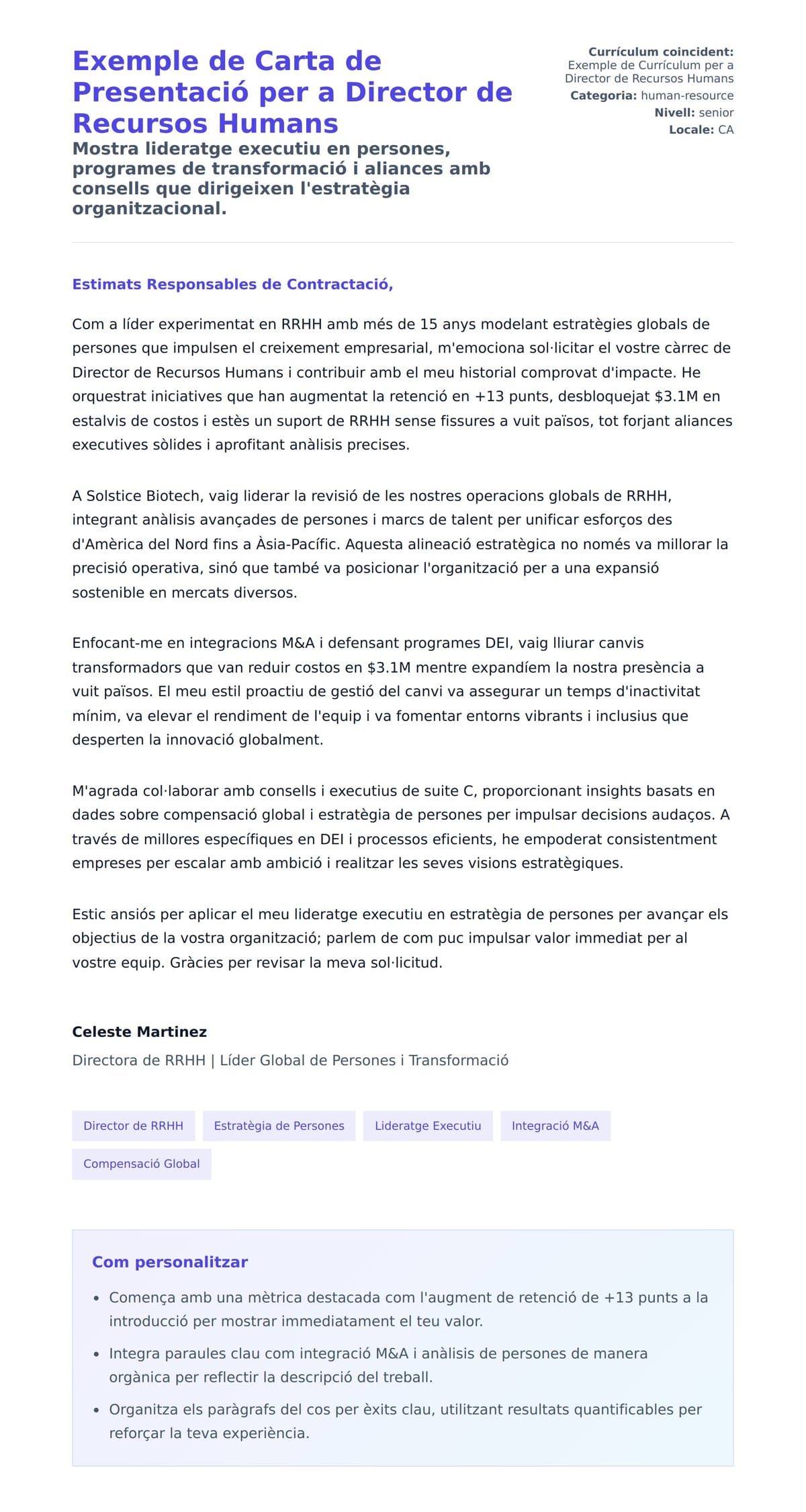 Previsualització de la carta de presentació per a Exemple de Carta de Presentació per a Director de Recursos Humans