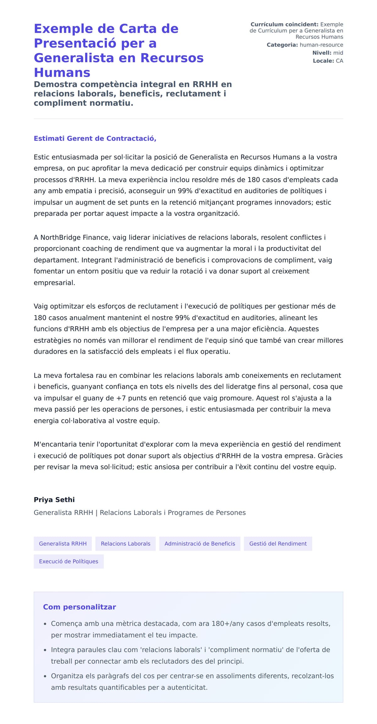 Previsualització de la carta de presentació per a Exemple de Carta de Presentació per a Generalista en Recursos Humans
