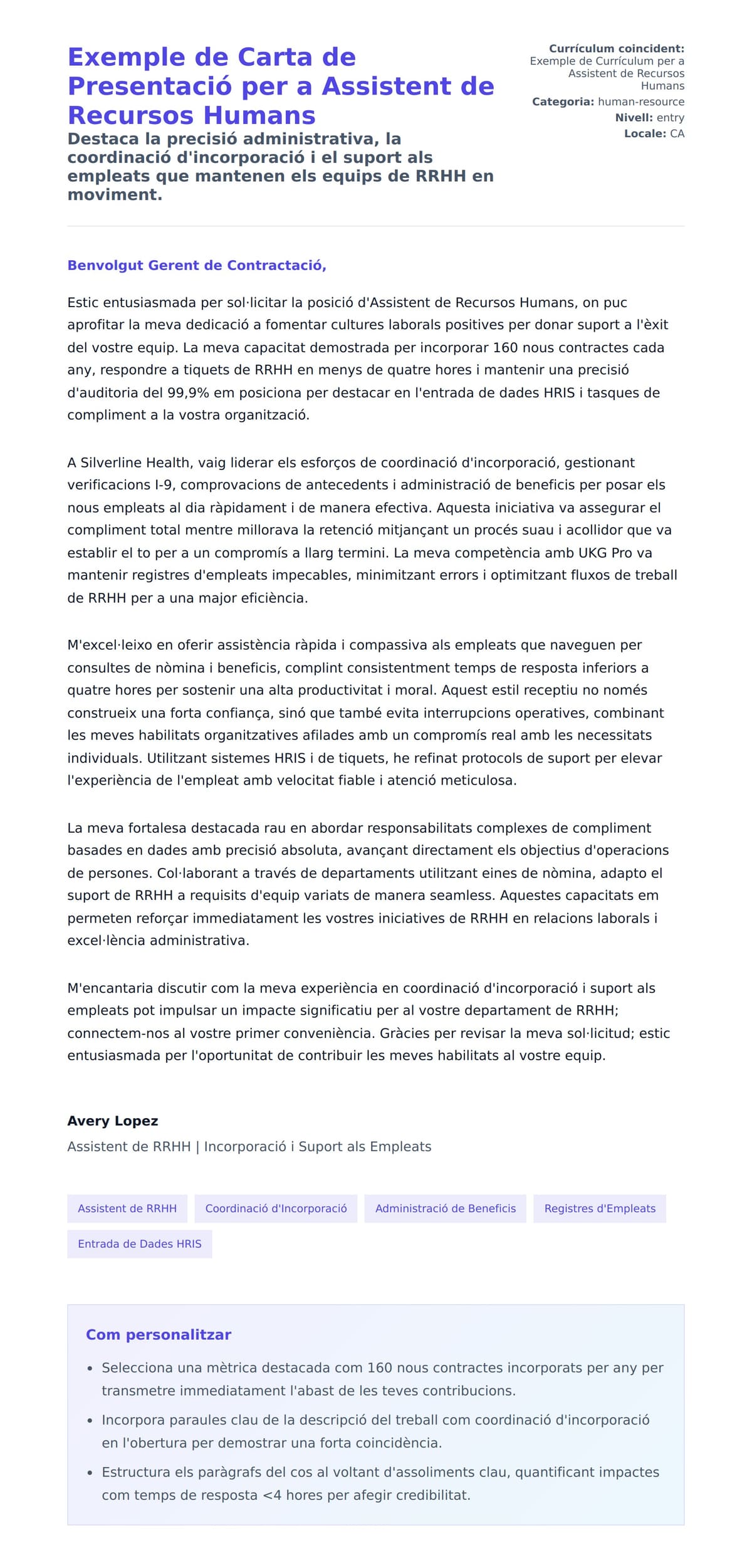 Previsualització de la carta de presentació per a Exemple de Carta de Presentació per a Assistent de Recursos Humans