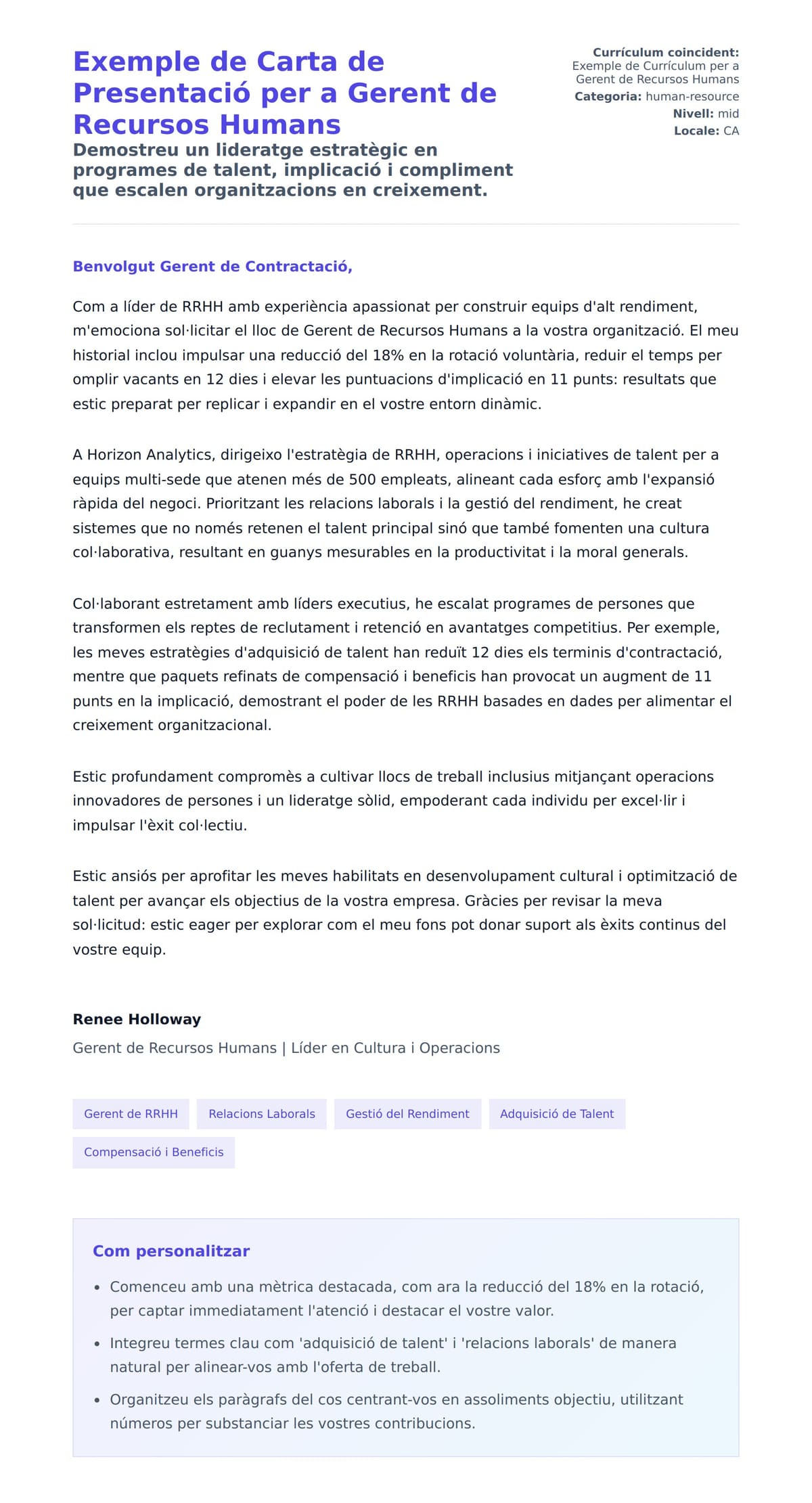 Previsualització de la carta de presentació per a Exemple de Carta de Presentació per a Gerent de Recursos Humans