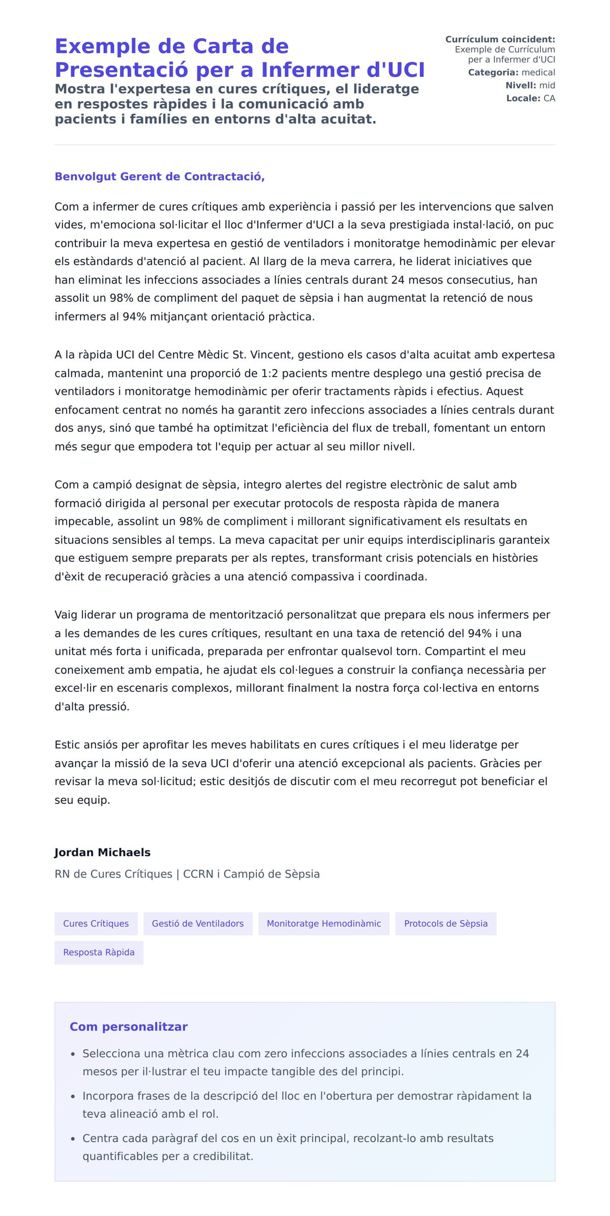 Previsualització de la carta de presentació per a Exemple de Carta de Presentació per a Infermer d'UCI